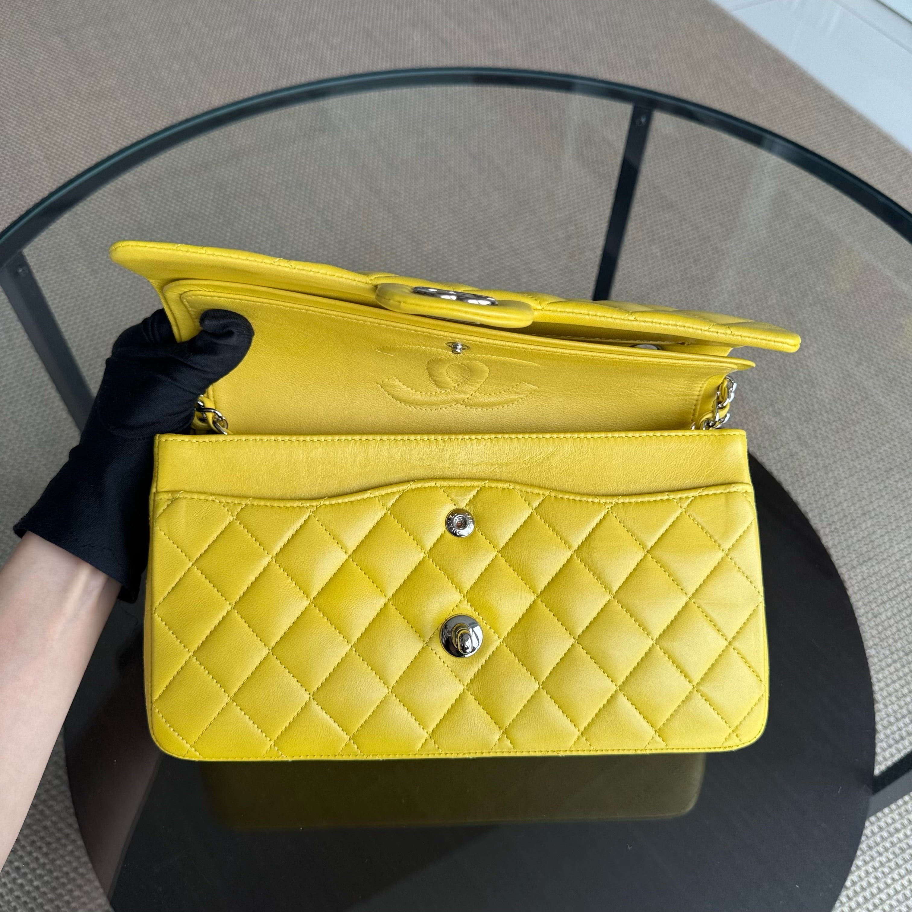 Chanel Classic Flap Medium - 25CM Quilted Lambskin Yellow Silver Hardware Series 13