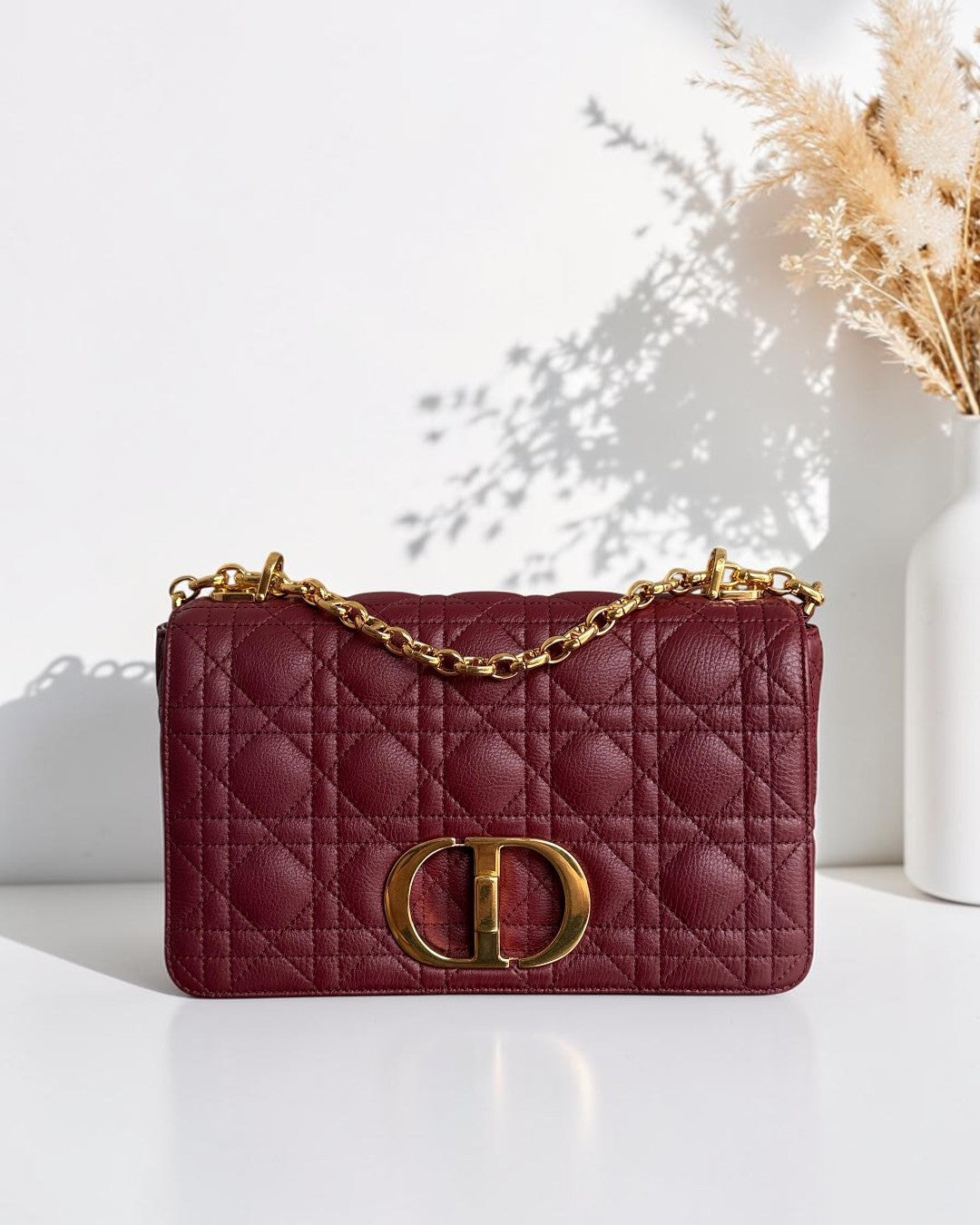 Dior Caro Medium - Cannage Grained Calfskin Burgundy Gold Hardware