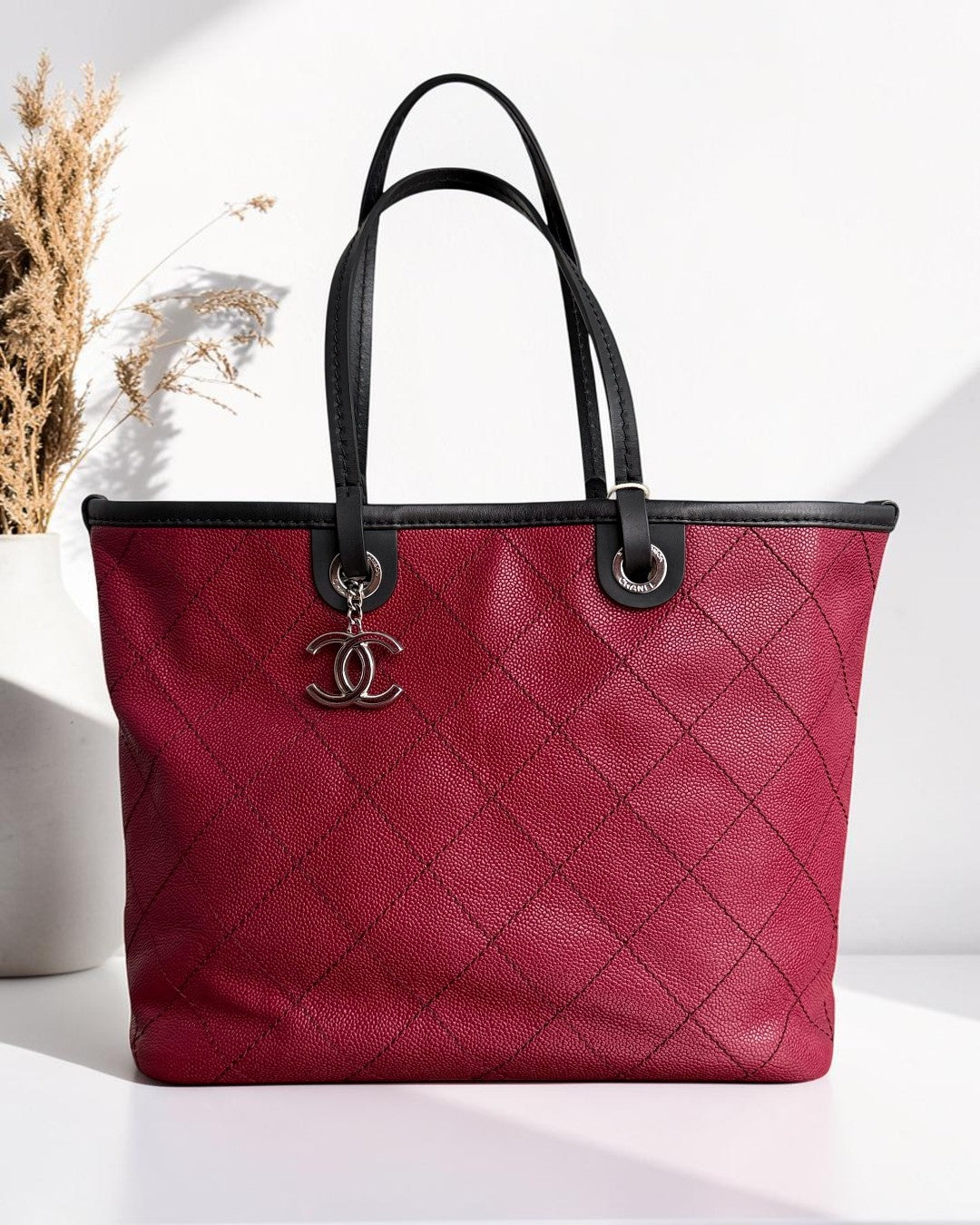 Chanel Shopping Tote - Caviar Quilted Burgundy Silver Hardware Series 19