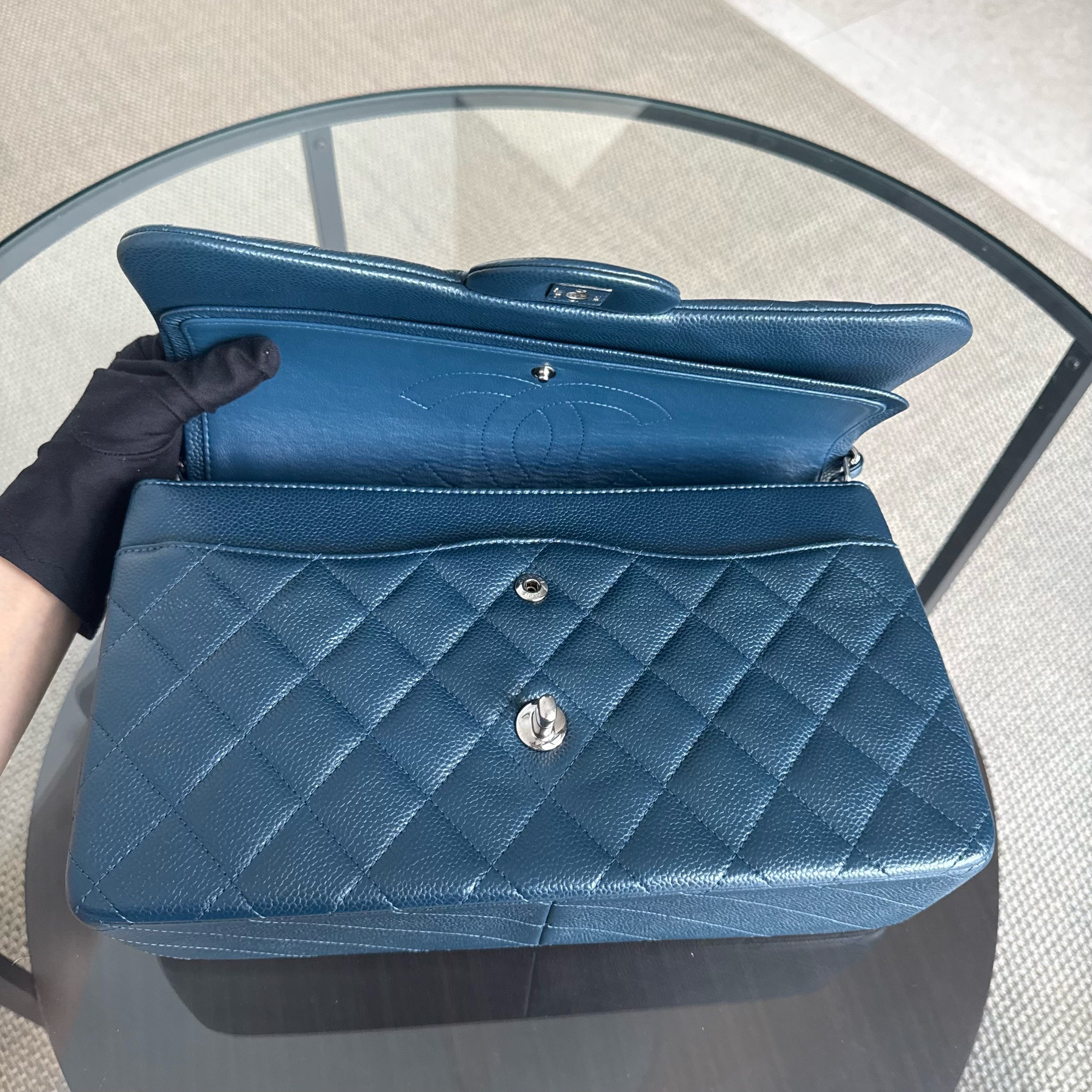 Chanel Classic Flap Jumbo - Caviar 30CM Double Flap Quilted Blue Silver Hardware& Chanel 2.55 Reissue Chevron Gray Grey Gold Hardware