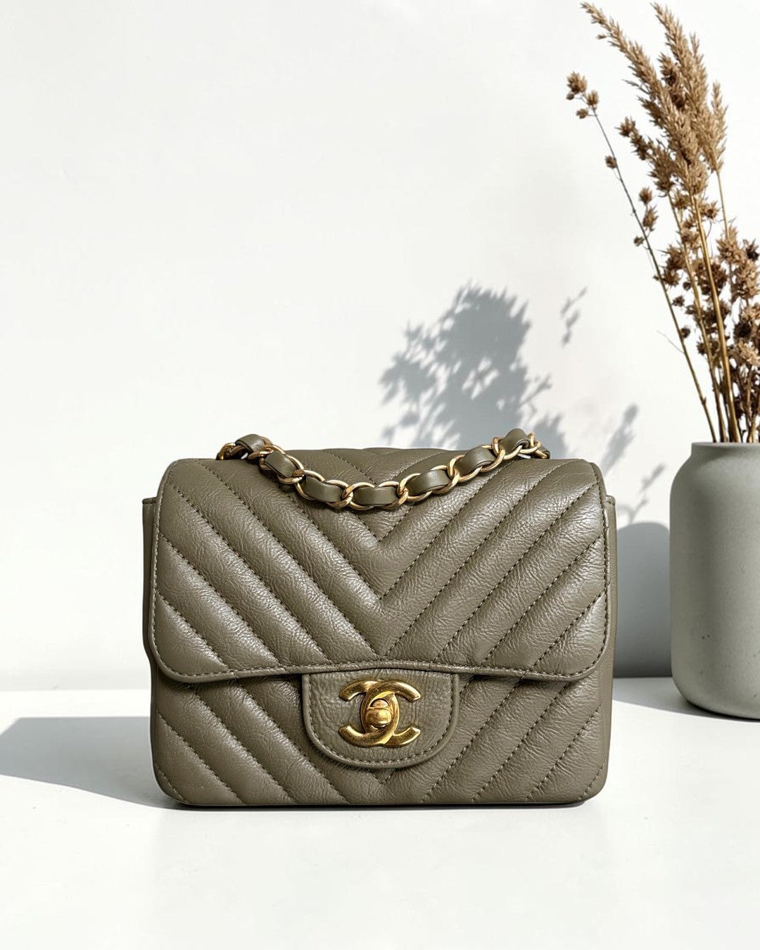 Chanel Classic Flap Mini Square - Calfskin Quilted Olive Green Gold Hardware Series 23