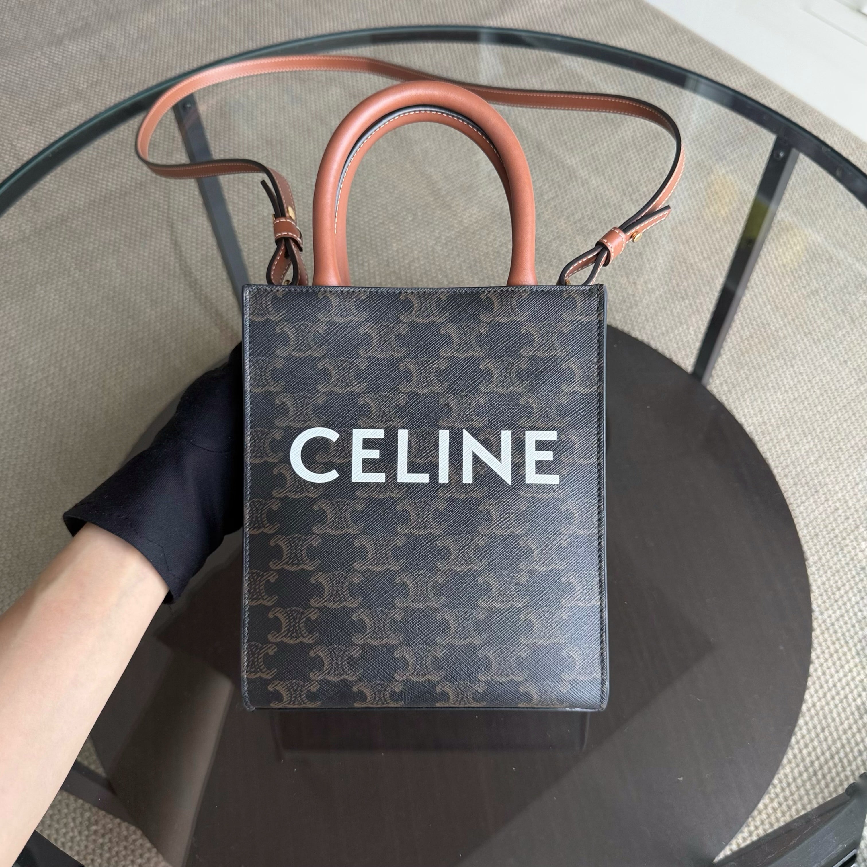 Celine Vertical Top Handle Bag Brown Coated Canvas Gold hardware