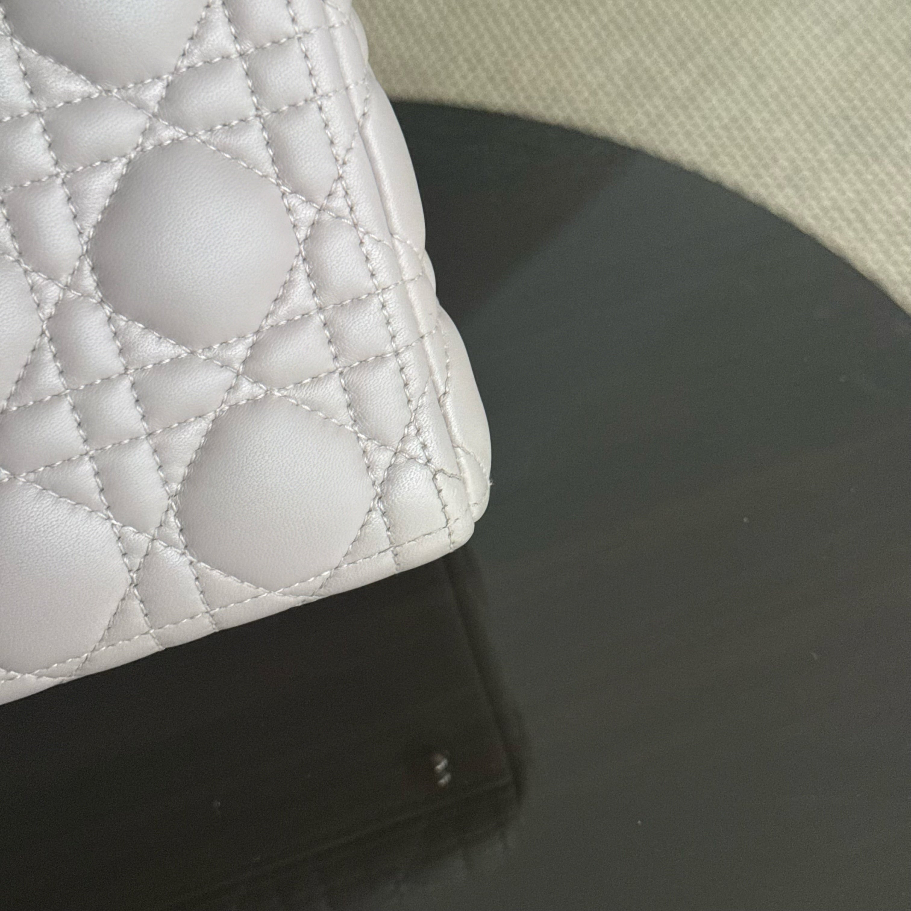 Dior Lady Large - Cannage Lambskin Light Gray Grey Silver Hardware