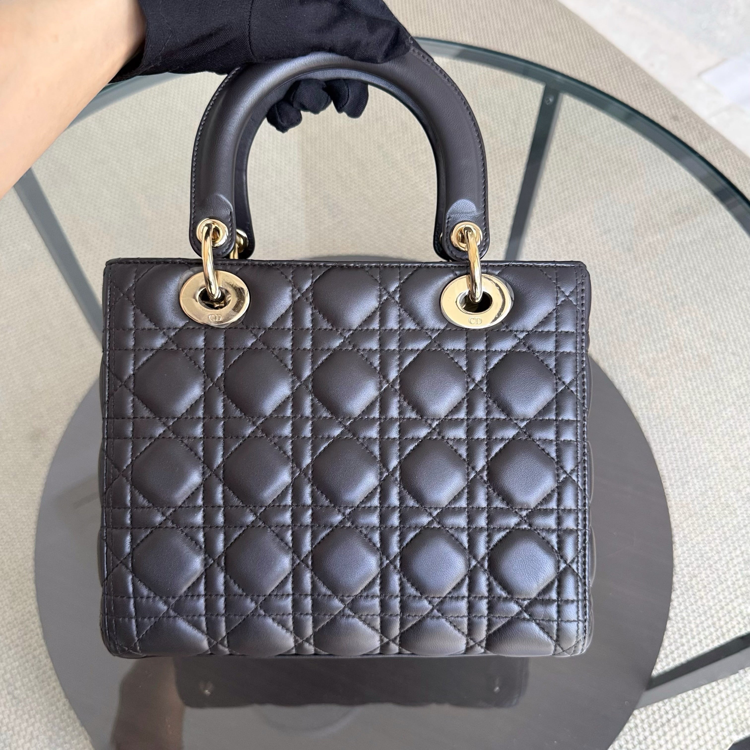 Dior Lady Medium - Cannage Lambskin Dark Gray Gold Hardware Adjustable Strap