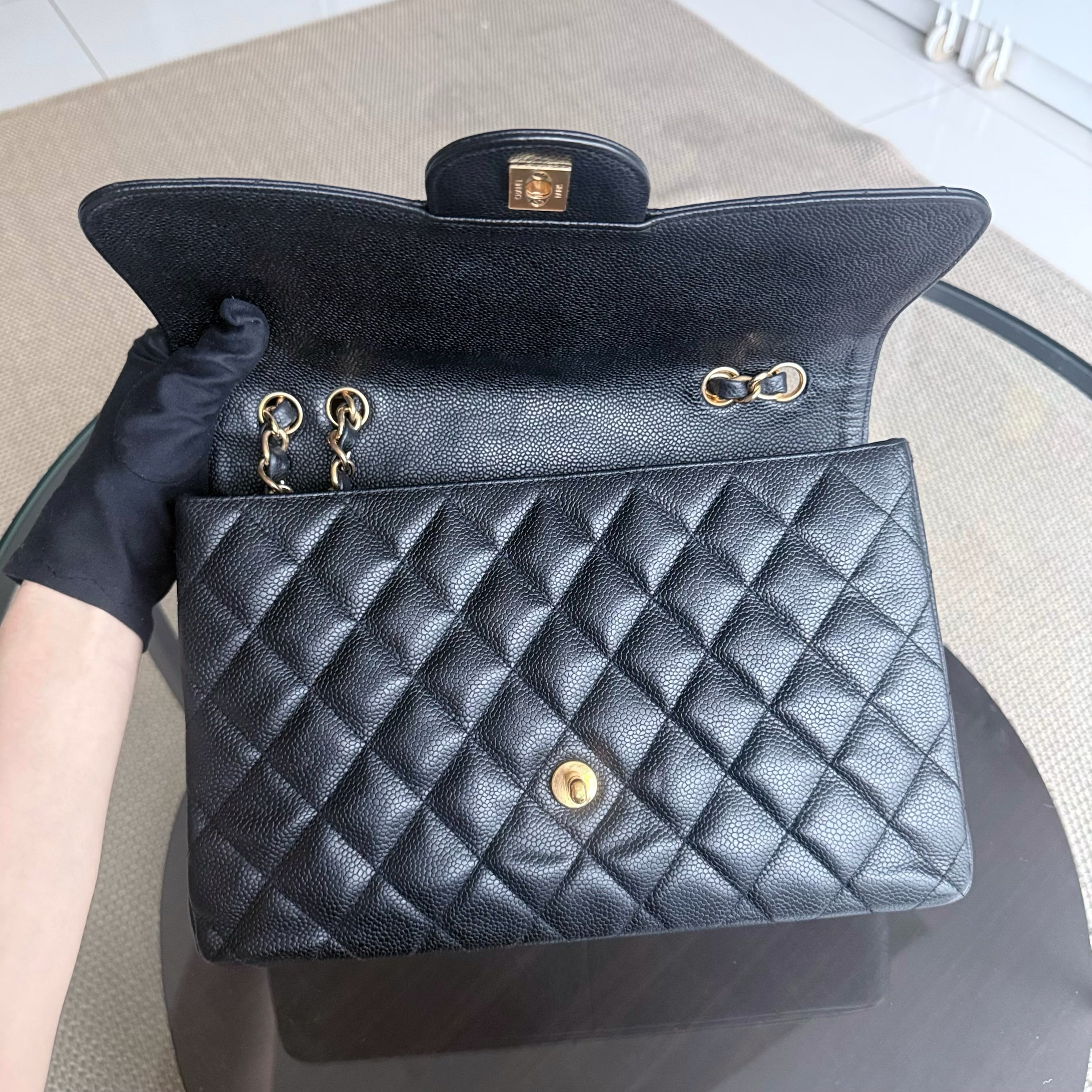 Chanel Classic Flap Jumbo - Caviar 30CM Single Flap Quilted Black 24K Gold Hardware Series 12
