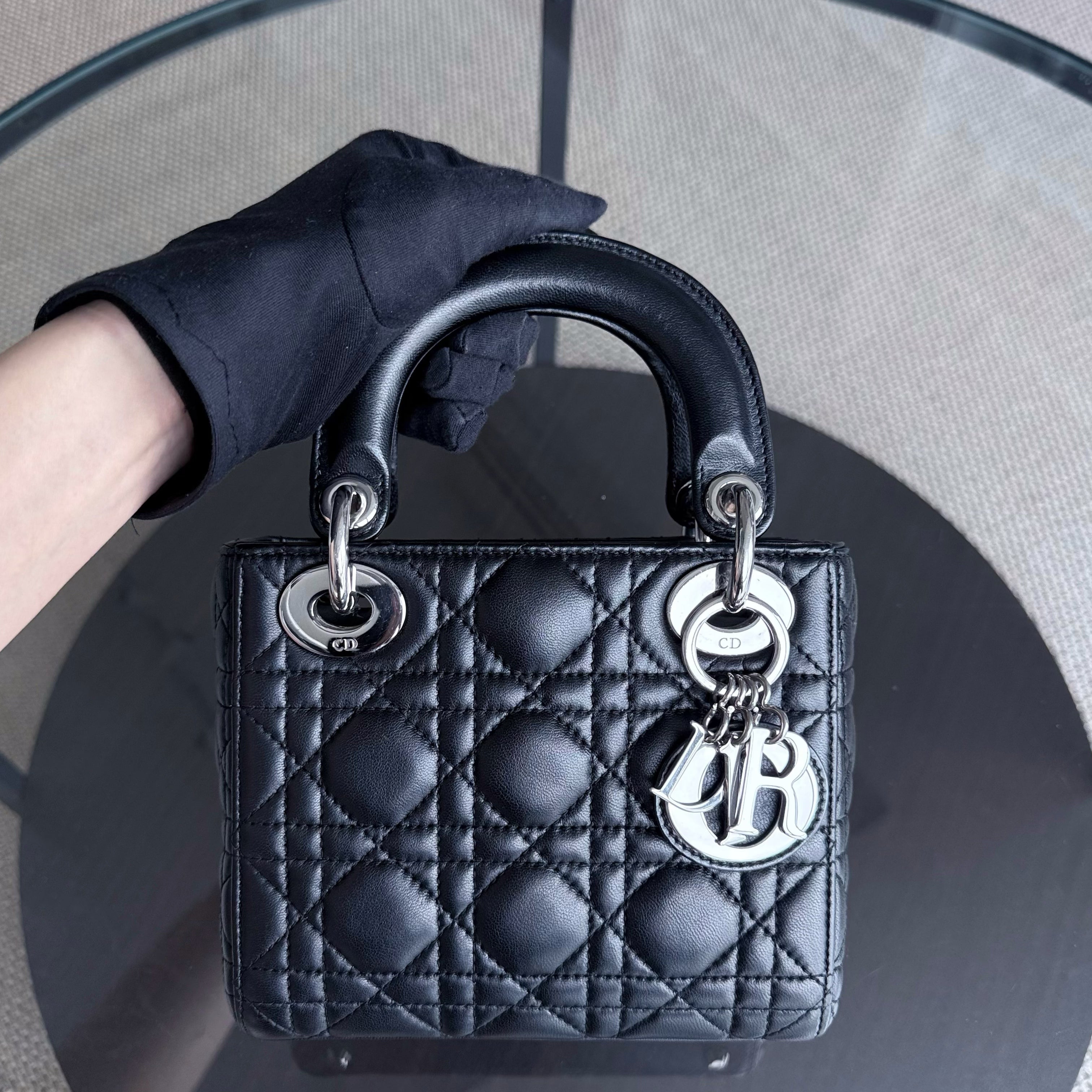 Dior Lady Mini - Cannage Lambskin Black Silver Hardware Adjustable Strap