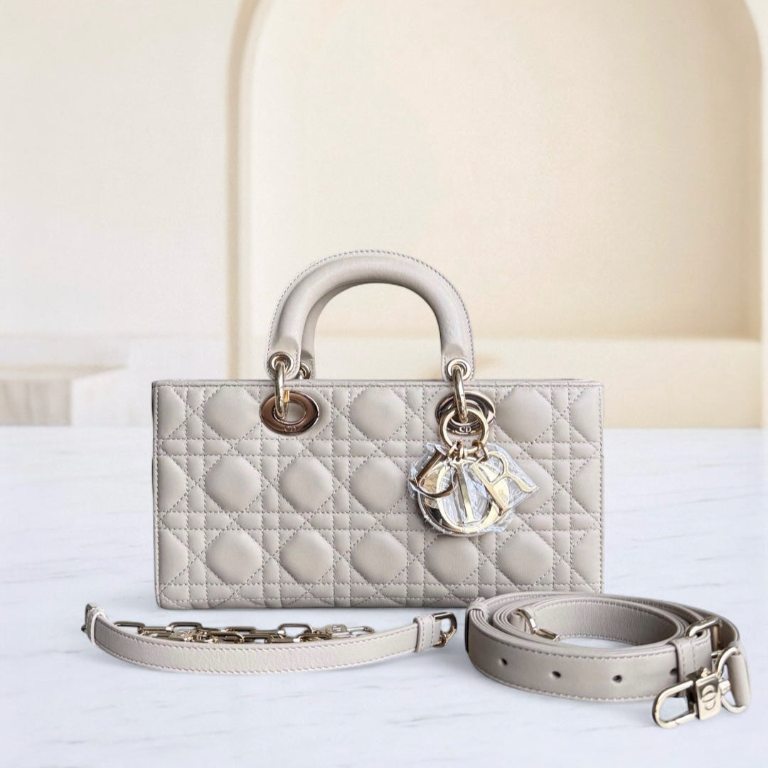 Dior D-Joy Medium Cannage Lambskin Beige Golden Hardware Shoulder Bag