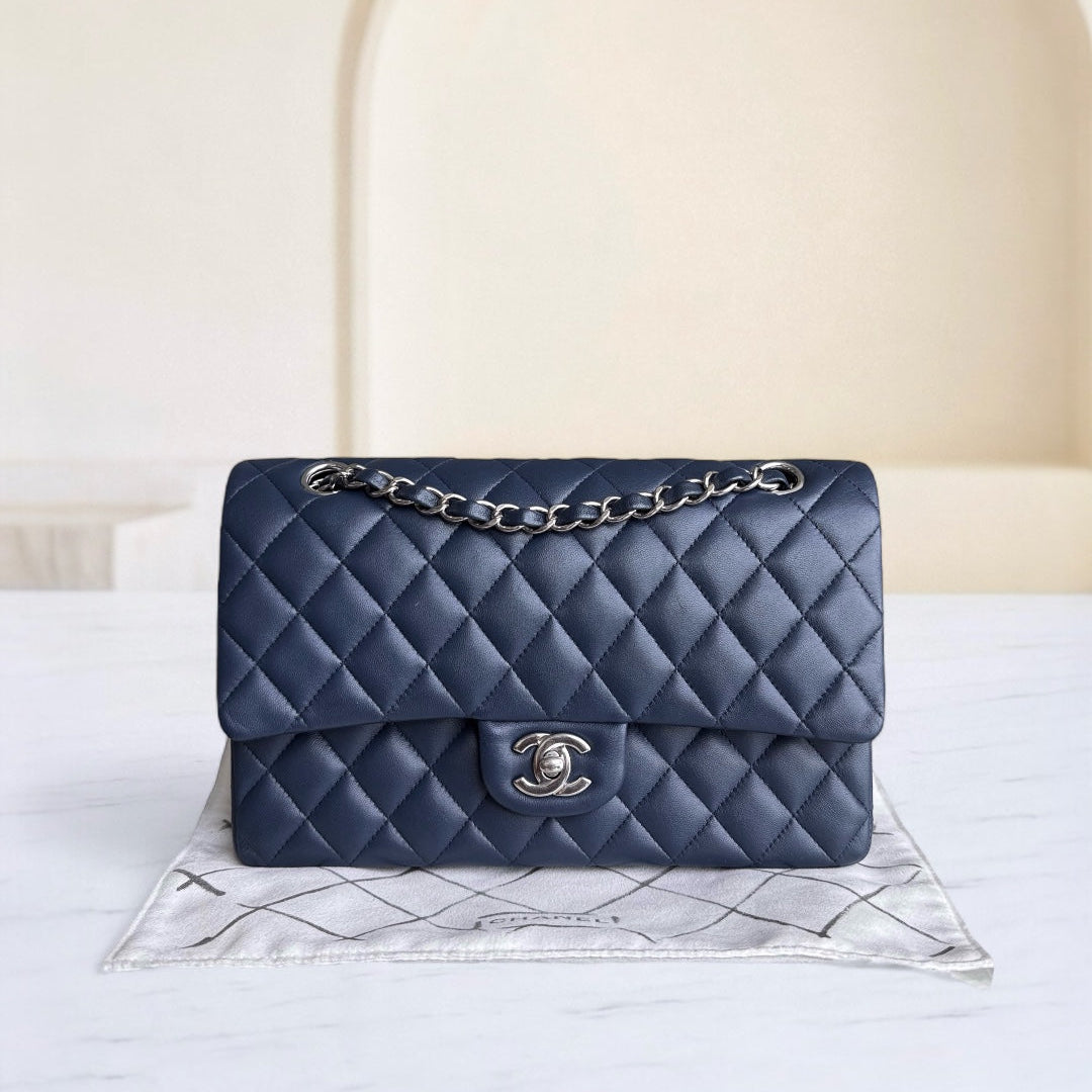 Chanel Classic Flap Medium - 25CM Quilted Lambskin Dark Blue Silver Hardware Series 22