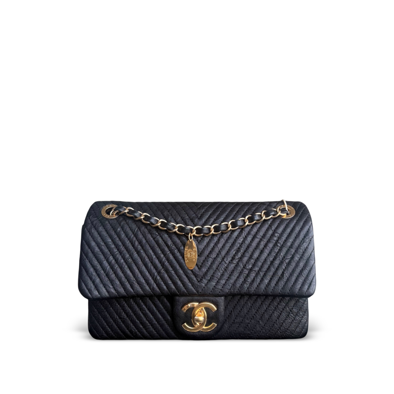 Chanel Seasonal Flap - Medium 25CM Chevron Surpique CC Herringbone Medallion Calfskin Flap Black Gold Hardware Series 21