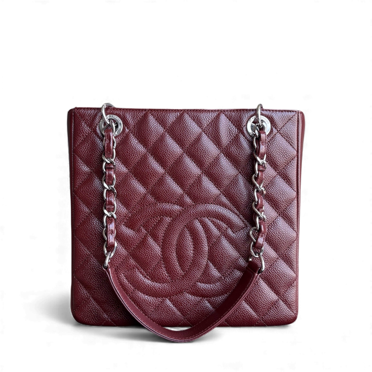 Chanel Caviar PST Petite Shopping Tote Quilted Grained Calfskin Burgundy Silver Hardware Series 18