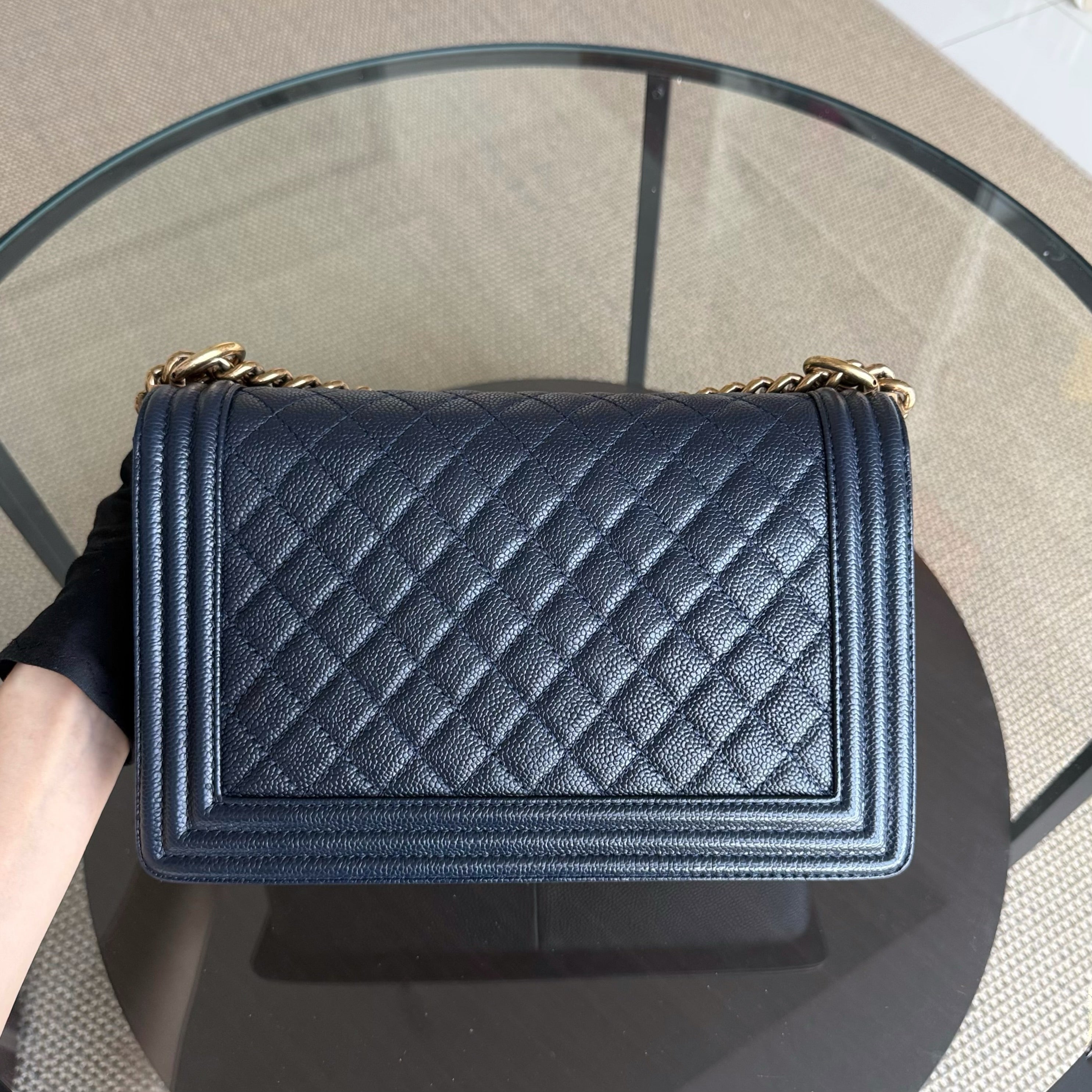 Chanel Boy New Medium - 28CM Caviar Quilted Grained Calfskin Dark Navy Blue Ruthenium Gold Hardware Series 19