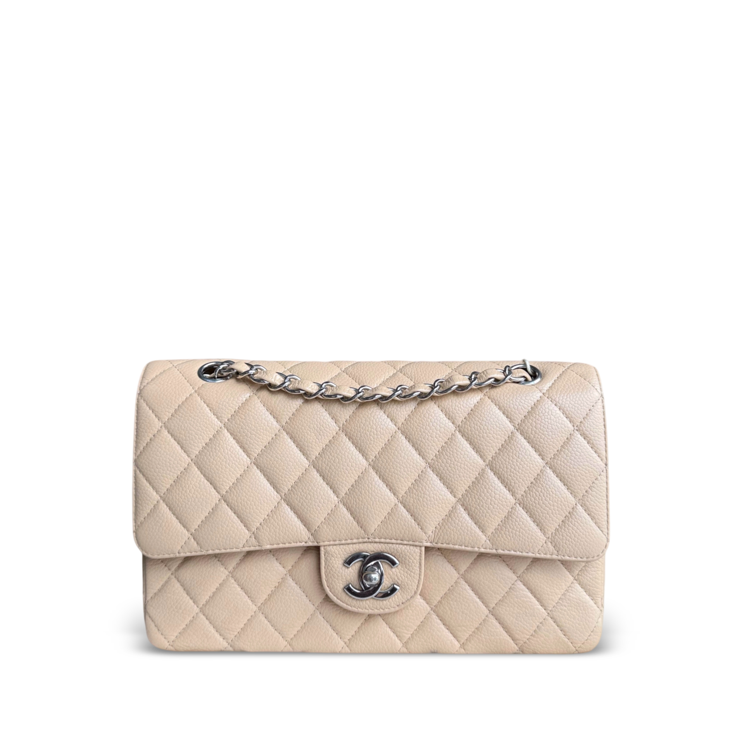 Chanel Classic Flap Medium - 25CM Quilted Caviar Beige Silver Hardware Series 12