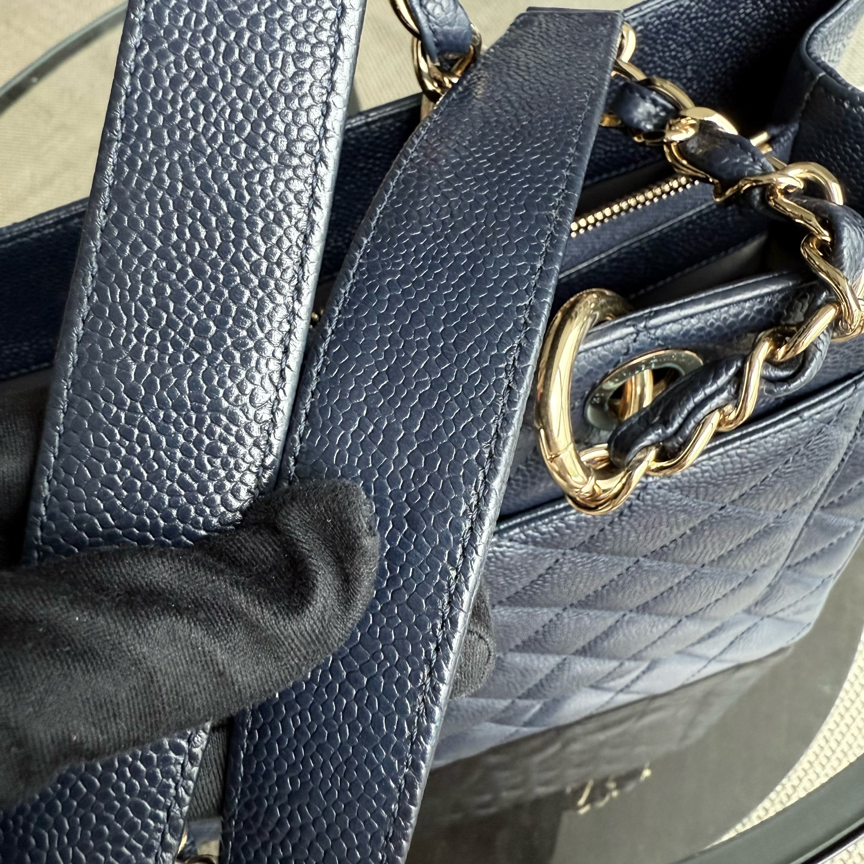 Chanel GST Grand Shopping Tote - Caviar Quilted Grained Calfskin Dark Navy Blue Gold Hardware Series 19