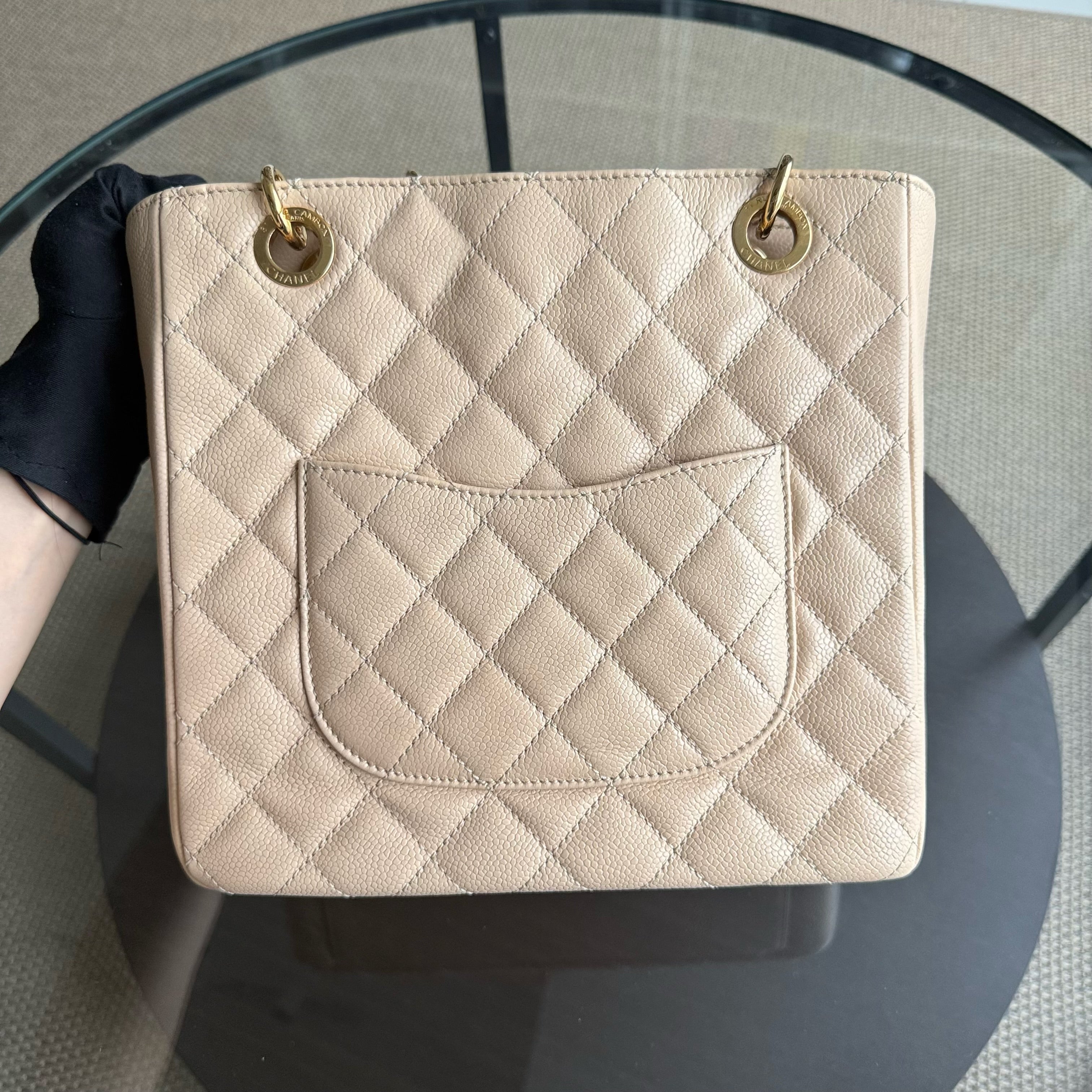 Chanel PST Petite Shopping Tote - Caviar Quilted Grained Calfskin Light Beige Gold Hardware Series 15