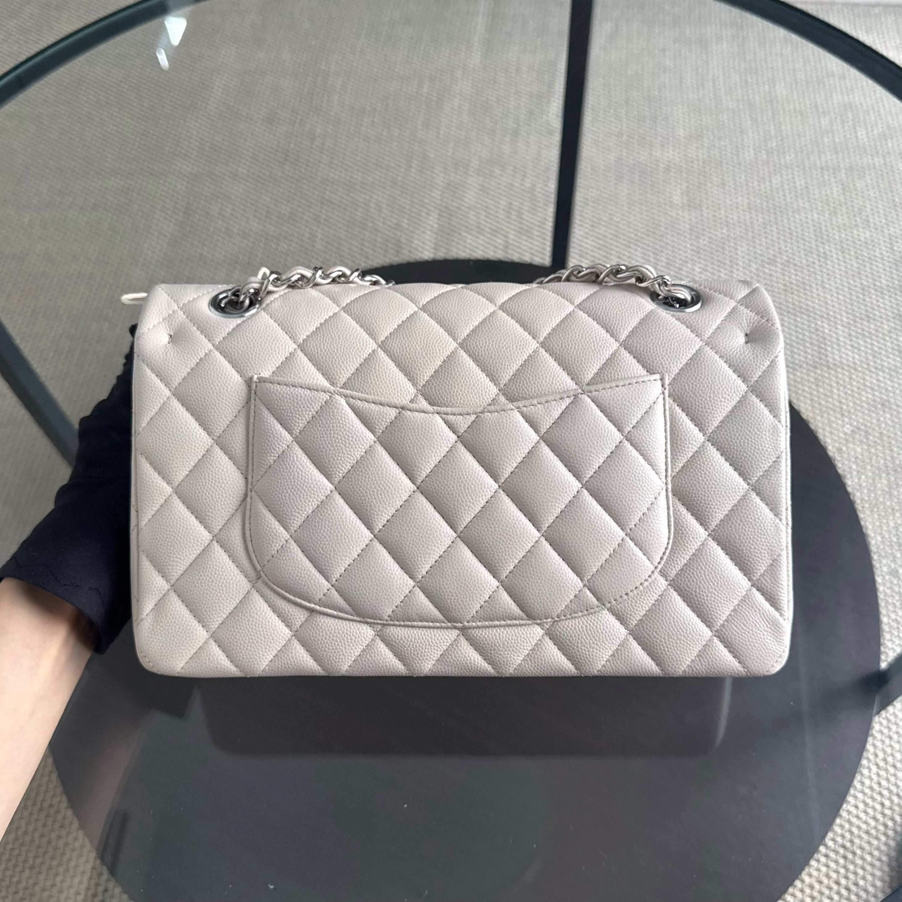 Chanel Classic Flap Medium - Caviar 25CM Quilted Double Flap Light Gray Grey Silver Hardware Series 26