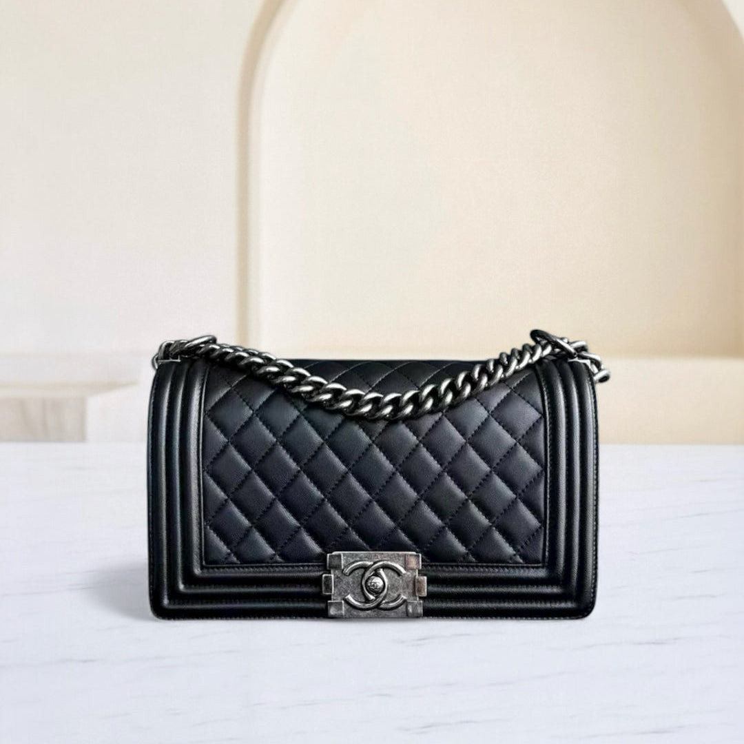 Chanel Boy Old Medium 25CM Quilted Lambskin Black Leboy Ruthenium Silver Hardware