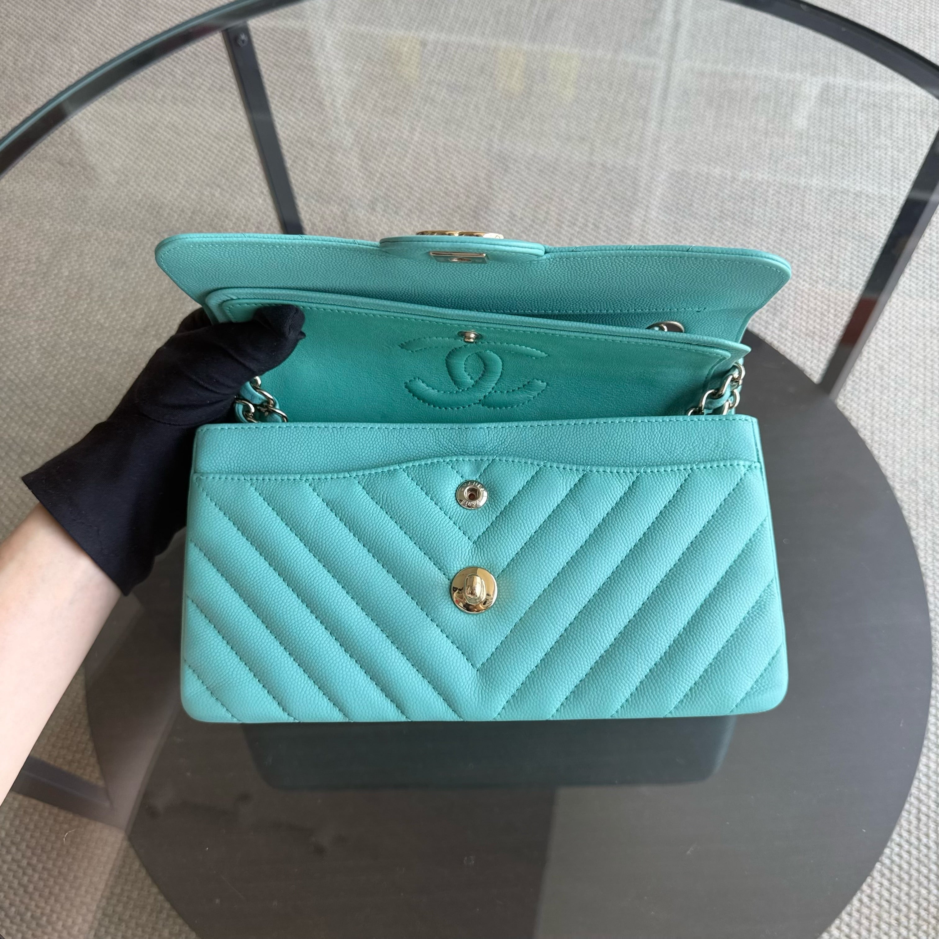 Chanel Classic Flap Small - Caviar 23CM Chevron Light Blue Tiffiny Blue Gold Hardware Series 27