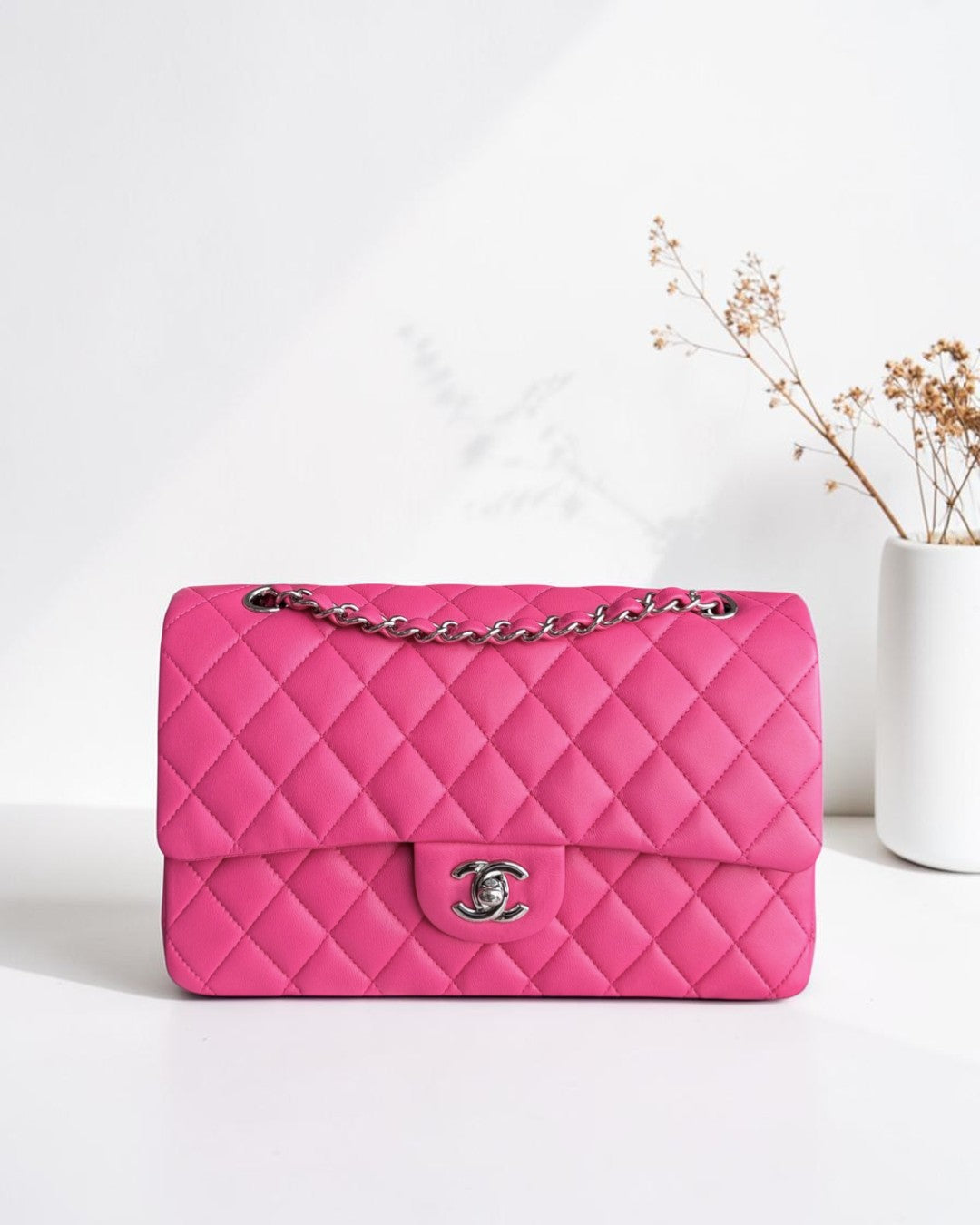 Chanel Classic Flap Medium Bag - Quilted Lambskin Hot Pink Silver Hardware Series 19