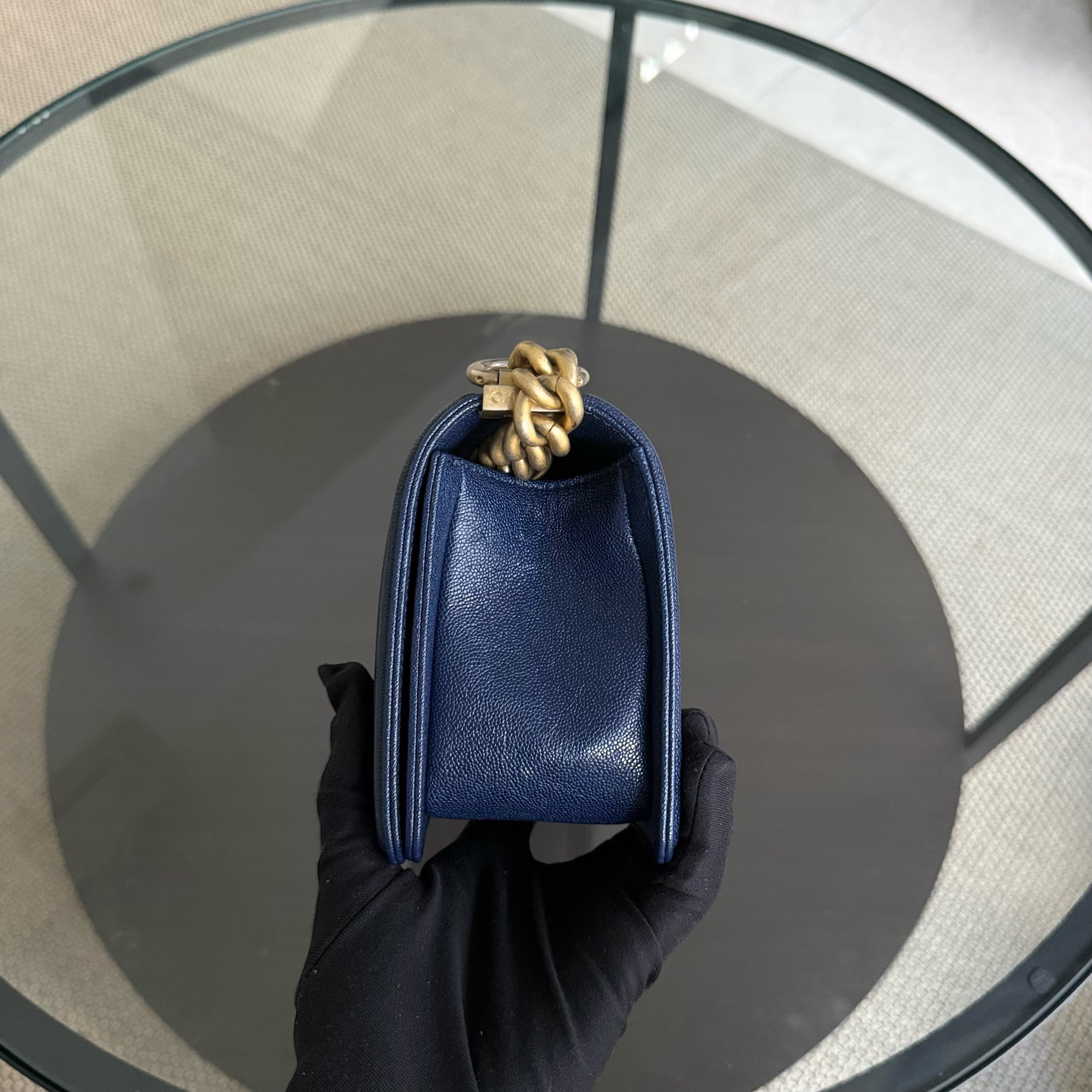 Chanel Boy Small - Caviar 20CM Quilted Dark Blue Gold Hardware Series 26