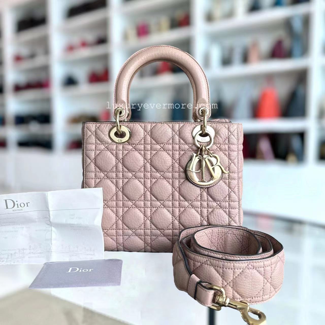 *Flap, Full Set, Receipt* Lady Medium Grained Calfskin Nude Pink Blush Golden Hardware Flap Opening