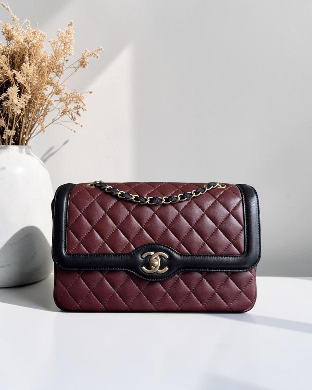 Chanel Seasonal Two-tone Flap Medium - Quilted Lambskin Dark Burgundy Red Black Gold Hardware Series 21