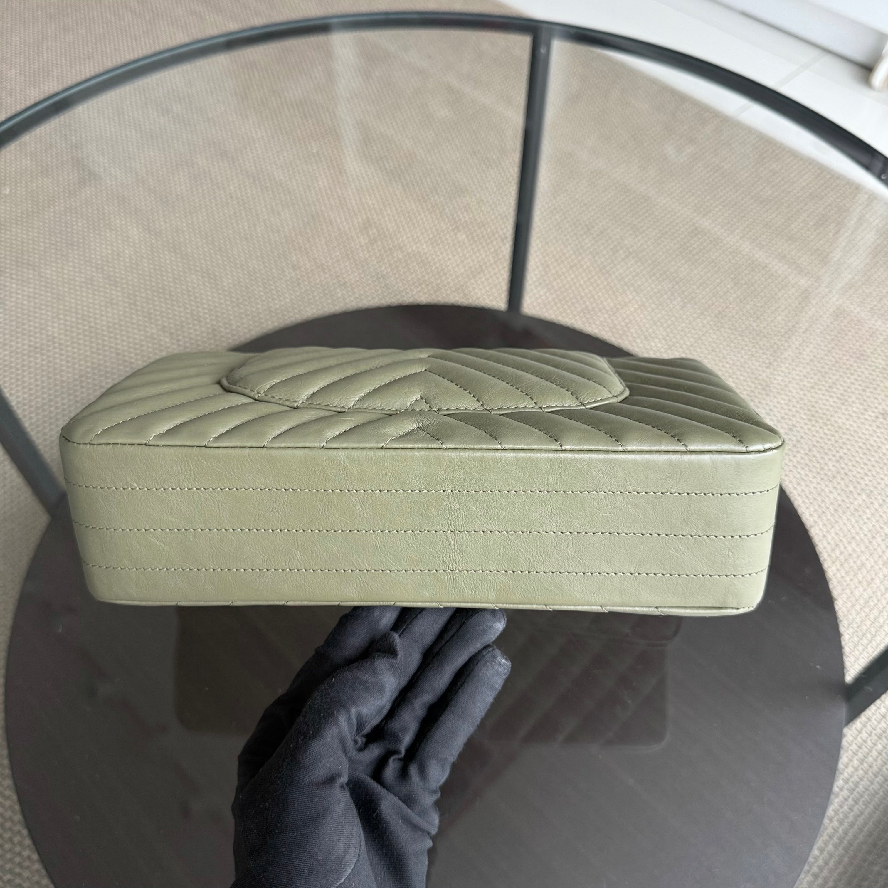 Chanel Classic Flap Medium - 25CM Chevron Grained Calfskin Olive Green Gold Hardware Series 23