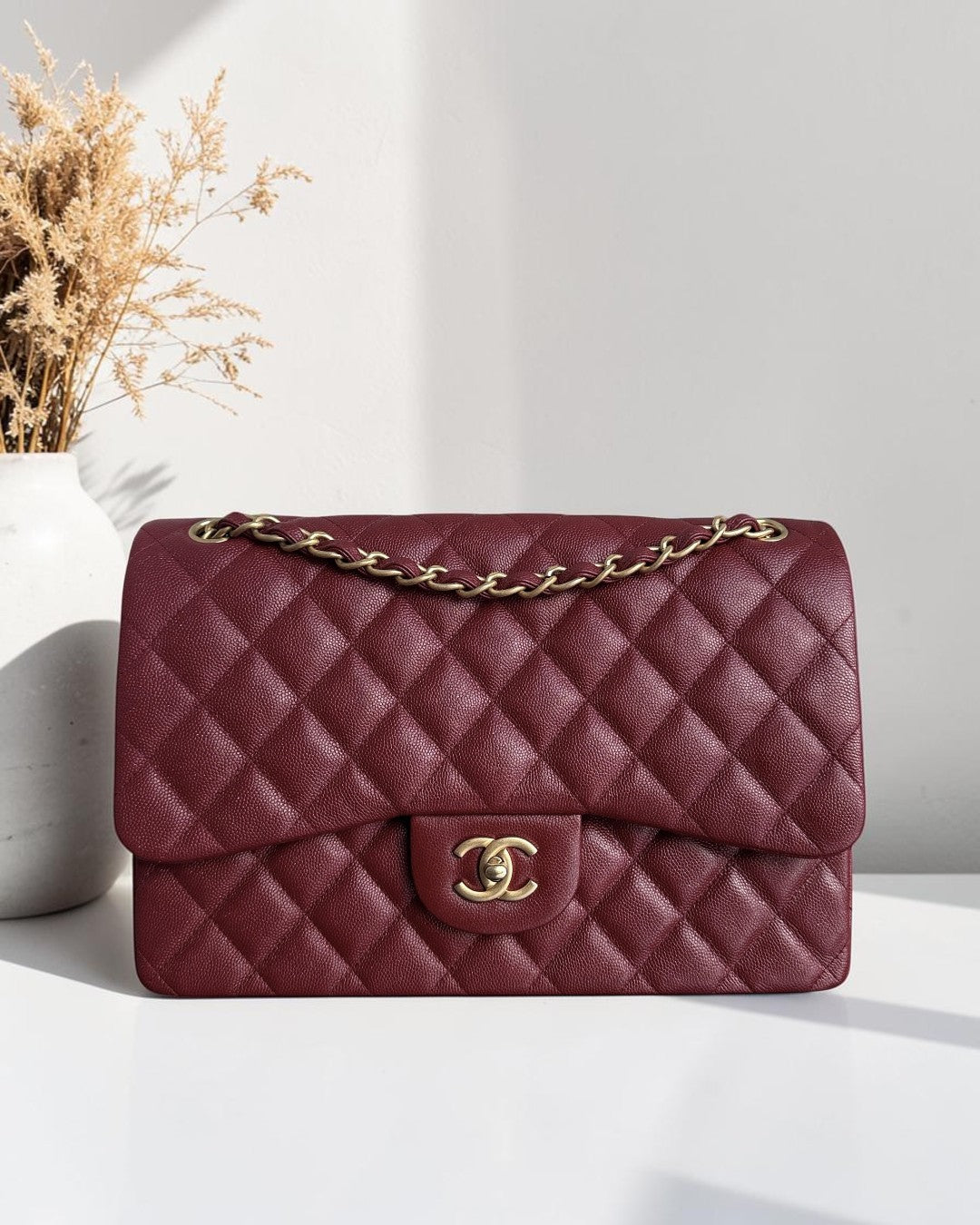 Chanel Classic Flap Jumbo - Caviar 30CM Double Flap Quilted Burgundy Gold Hardware series 25