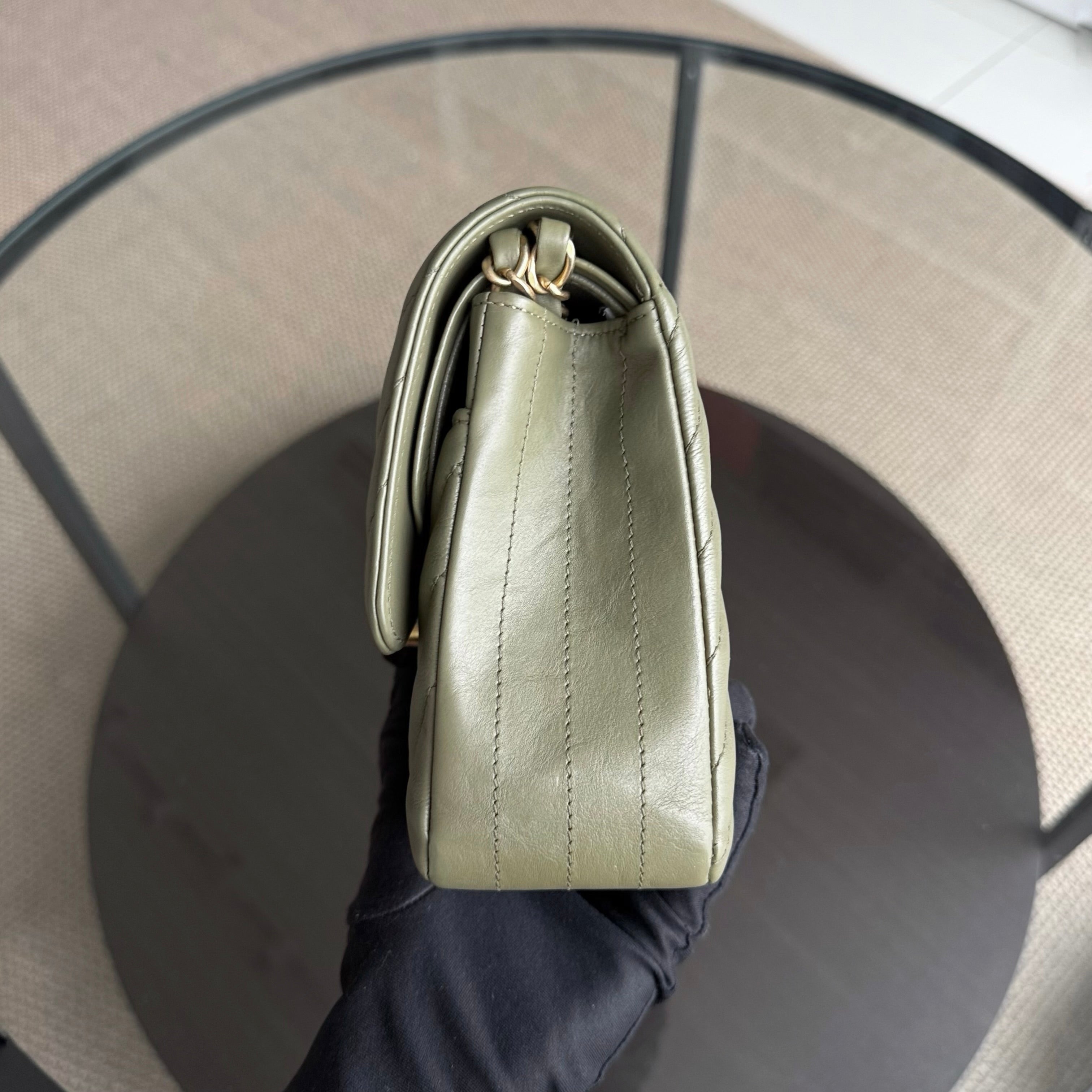 Chanel Classic Flap Medium - 25CM Chevron Grained Calfskin Olive Green Gold Hardware Series 23
