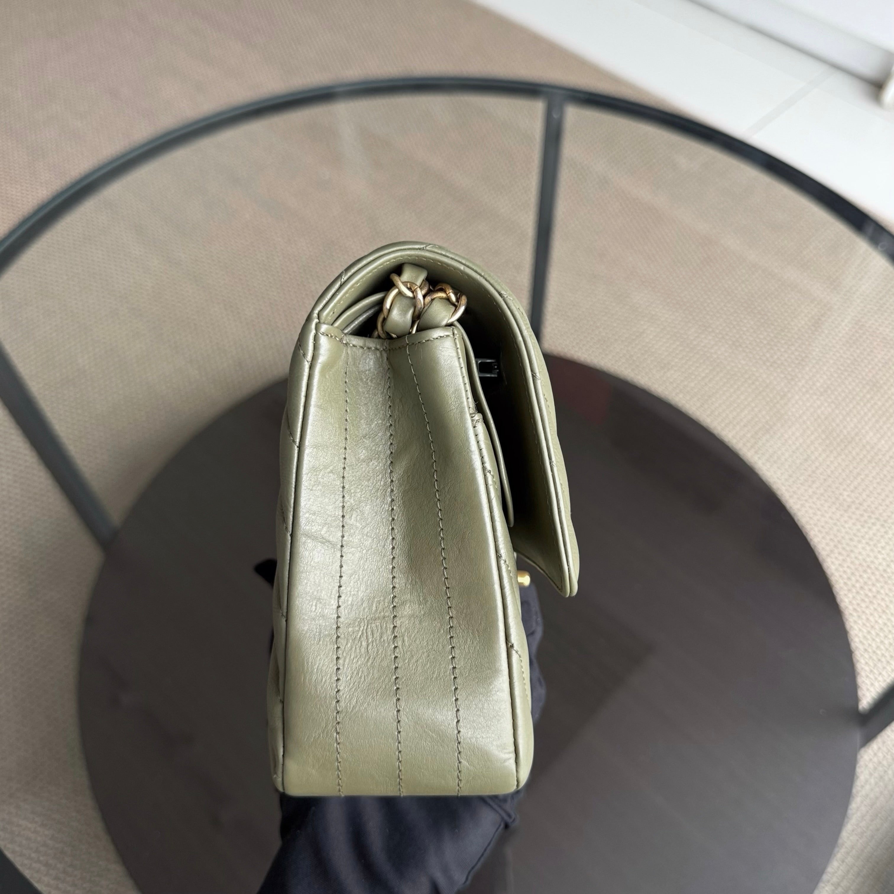 Chanel Classic Flap Medium - 25CM Chevron Grained Calfskin Olive Green Gold Hardware Series 23