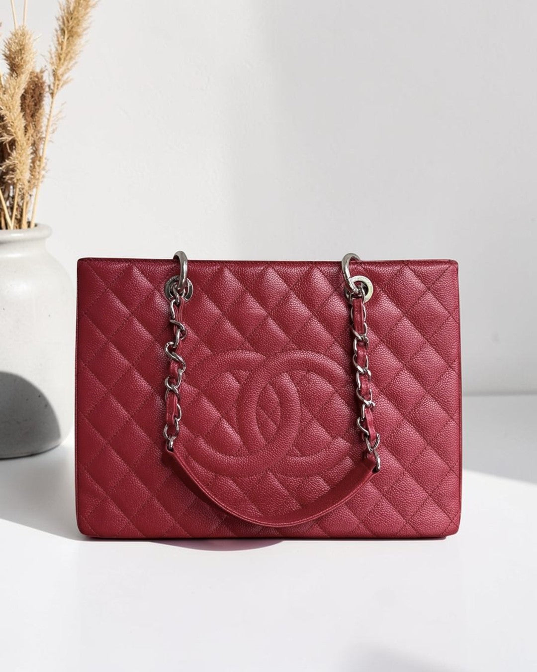 Chanel GST Grand Shopping Tote - Caviar Quilted Dark Red Silver Hardware