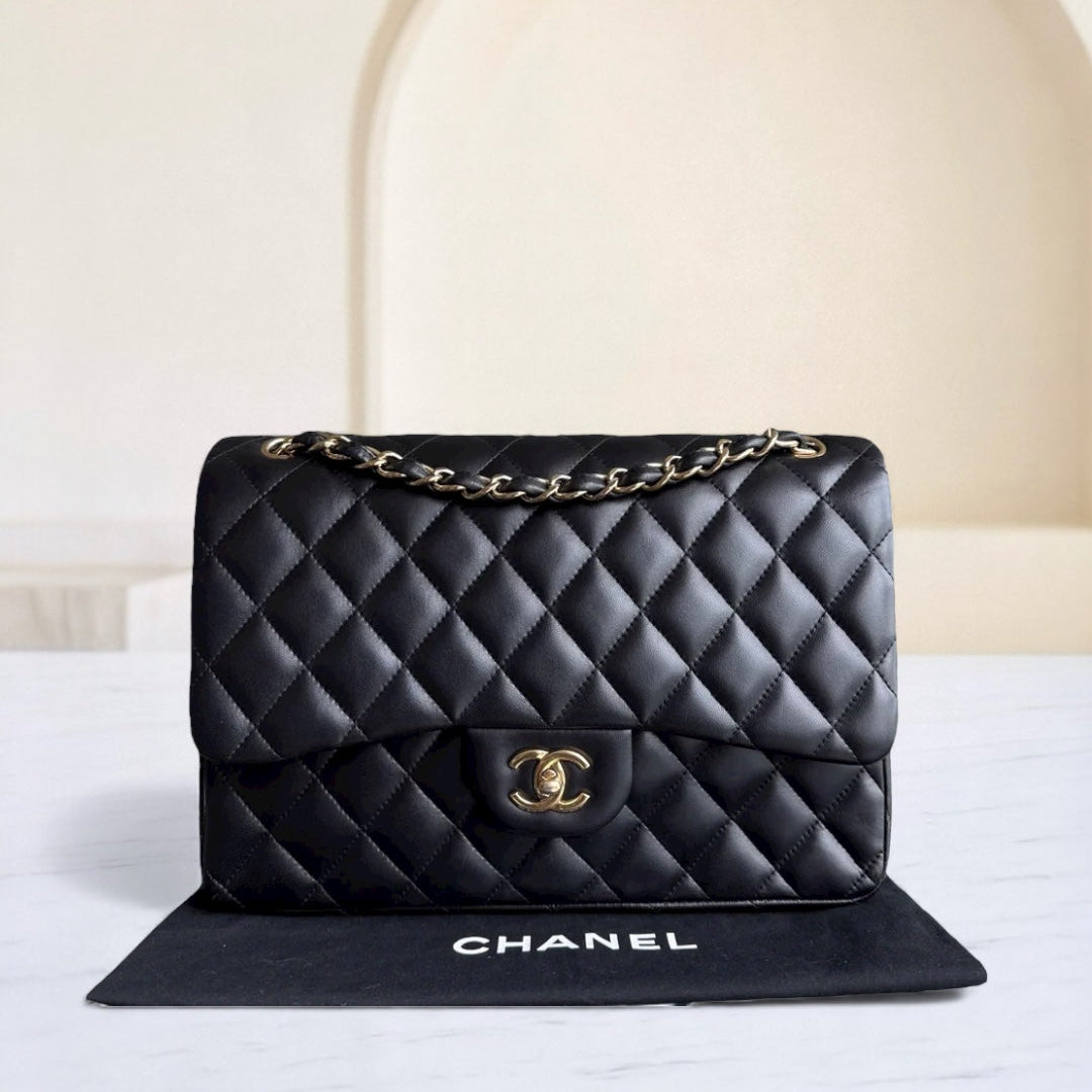 Chanel Classic Flap Jumbo - 30CM Quilted Lambskin Double Flap Black Gold Hardware