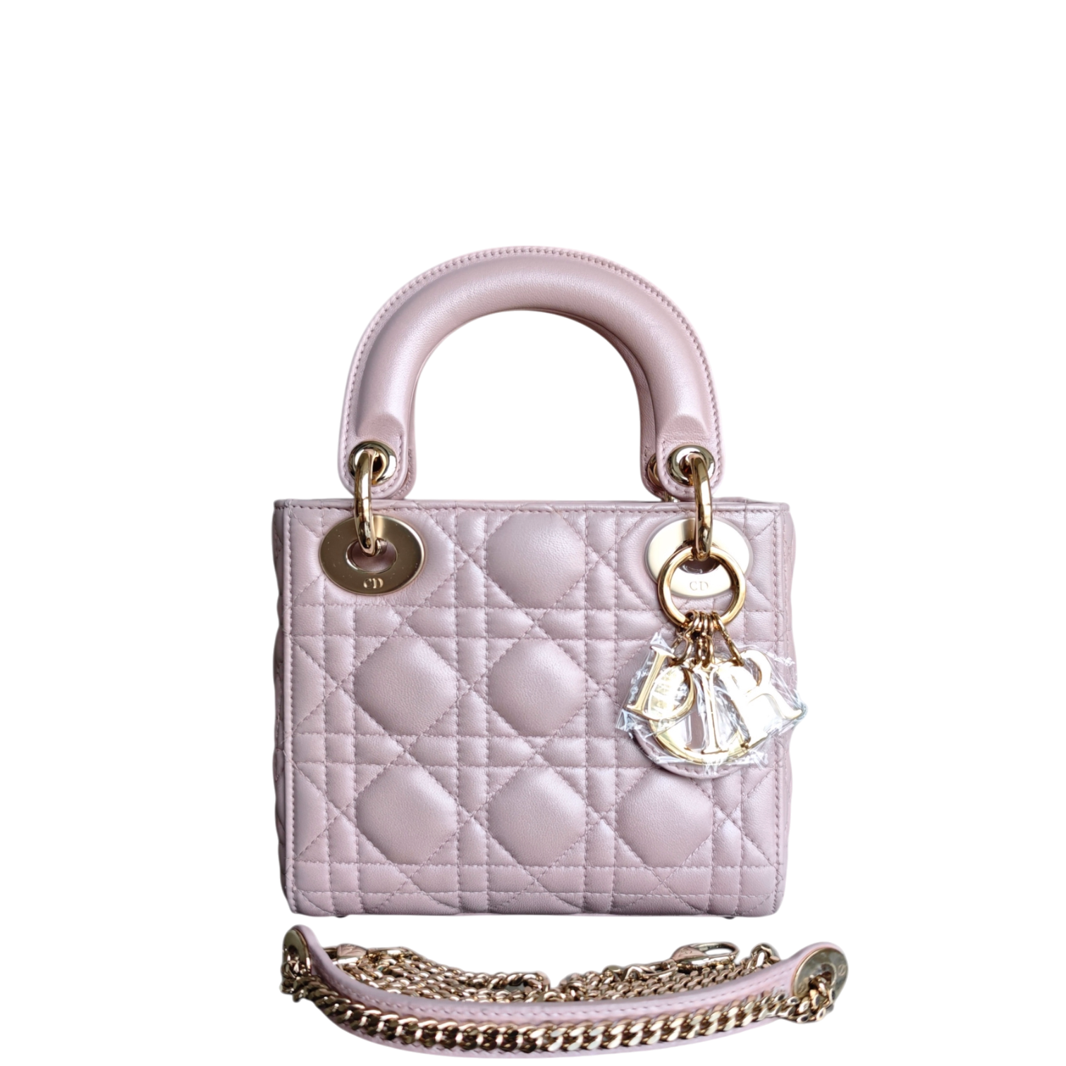 Dior Lady Mini - Cannage Lambskin Light Pink Gold Hardware Chain Strap