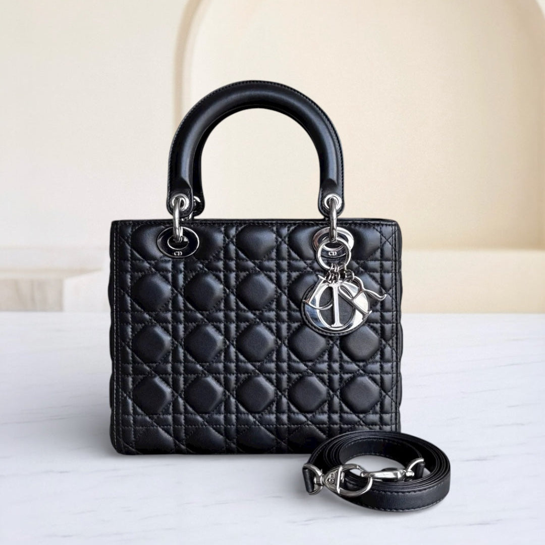 Dior Lady Medium - Cannage Lambskin Black Silver Hardware