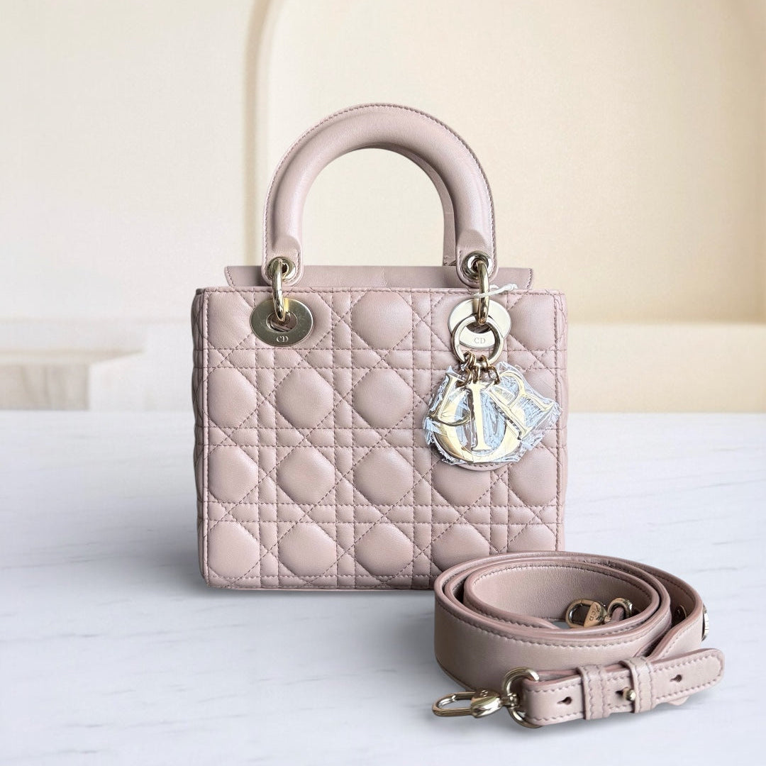 Dior Lady Small Flap - Cannage Lambskin Blush Beige Gold Hardware