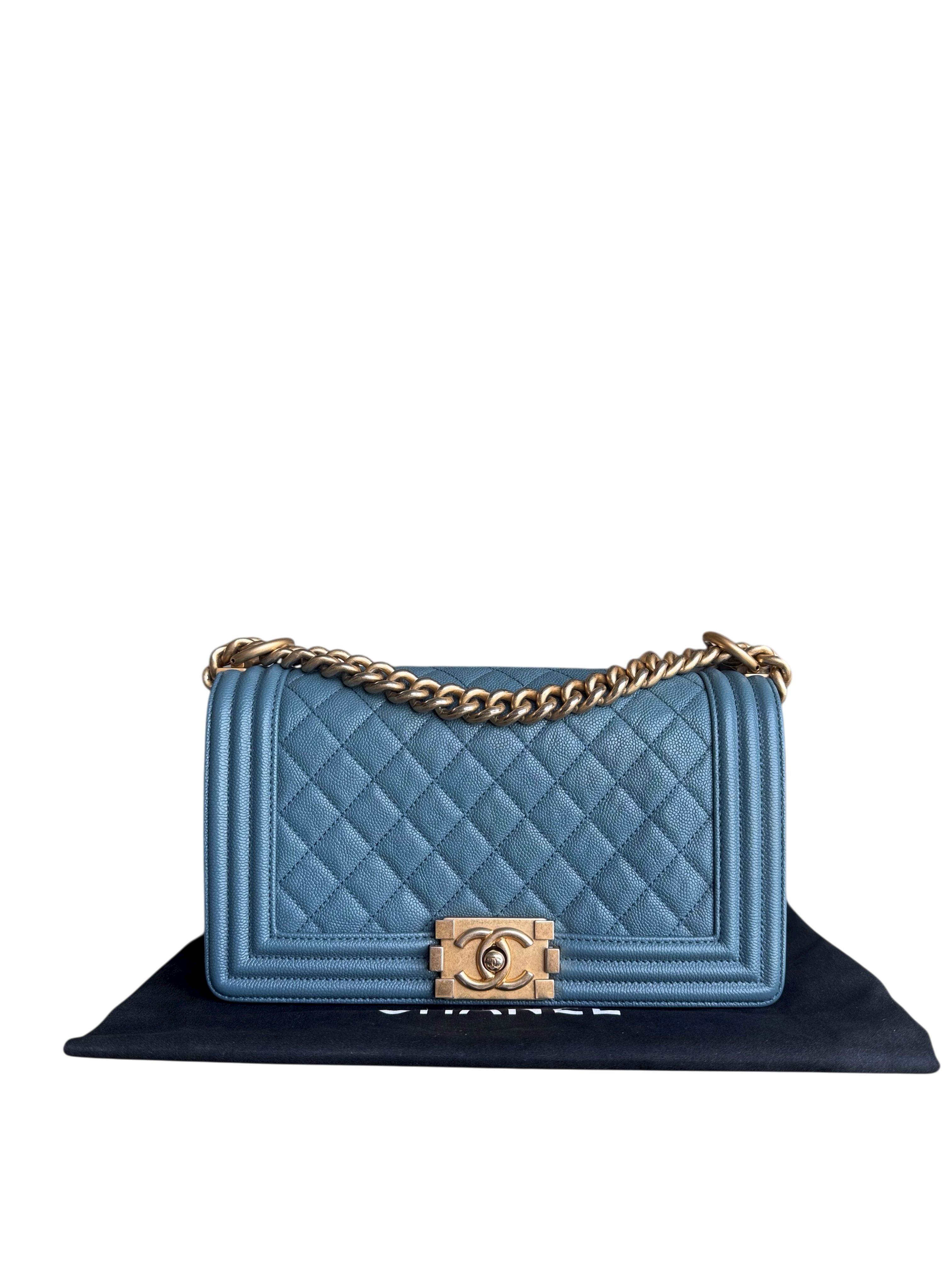 Chanel Boy Medium - Caviar 25CM Quilted Blue Gold Hardware 25