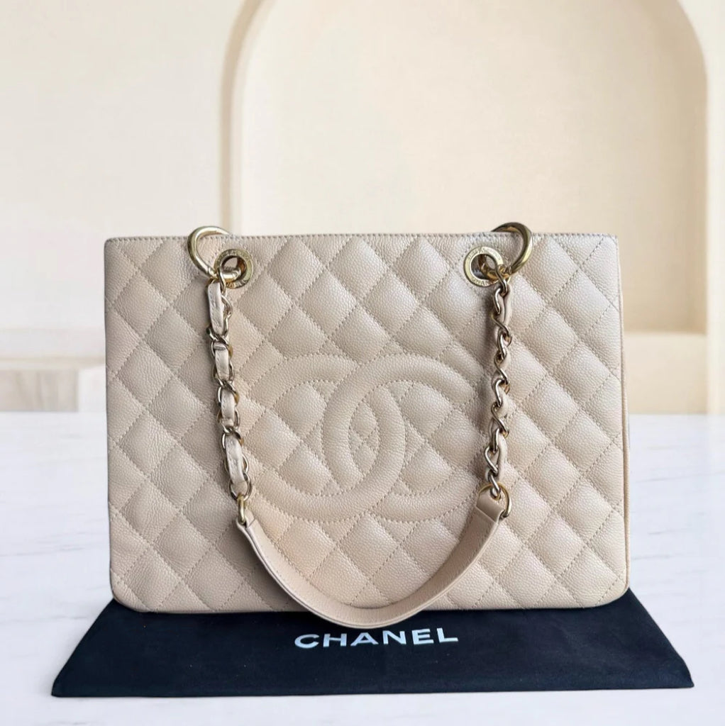 Chanel GST Grand Shopping Tote - Caviar Grained Calfskin Light Beige Gold Hardware Series 15