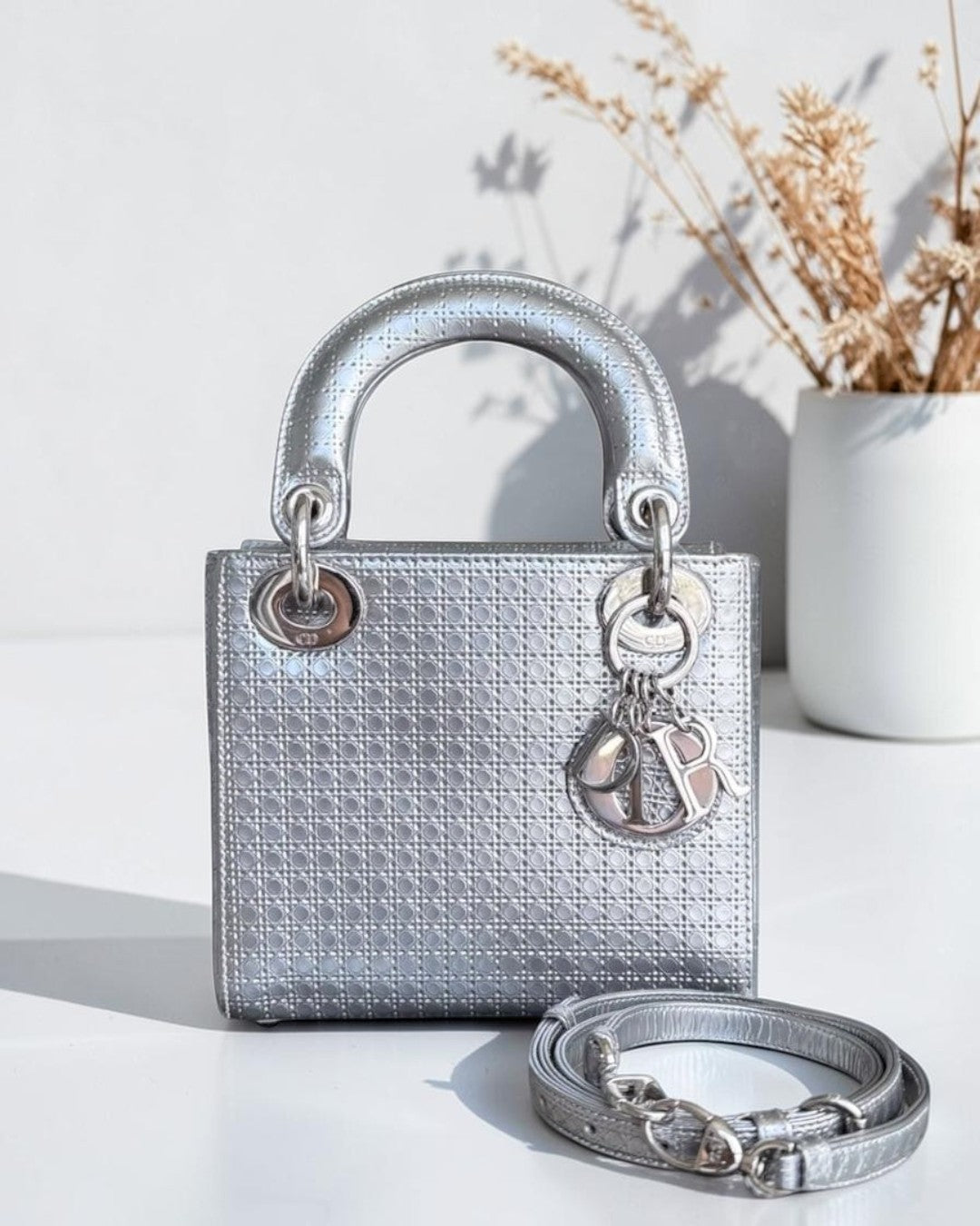 Dior Lady Mini - Micro Cannage Metallic Silver Hardware Adjustable Strap