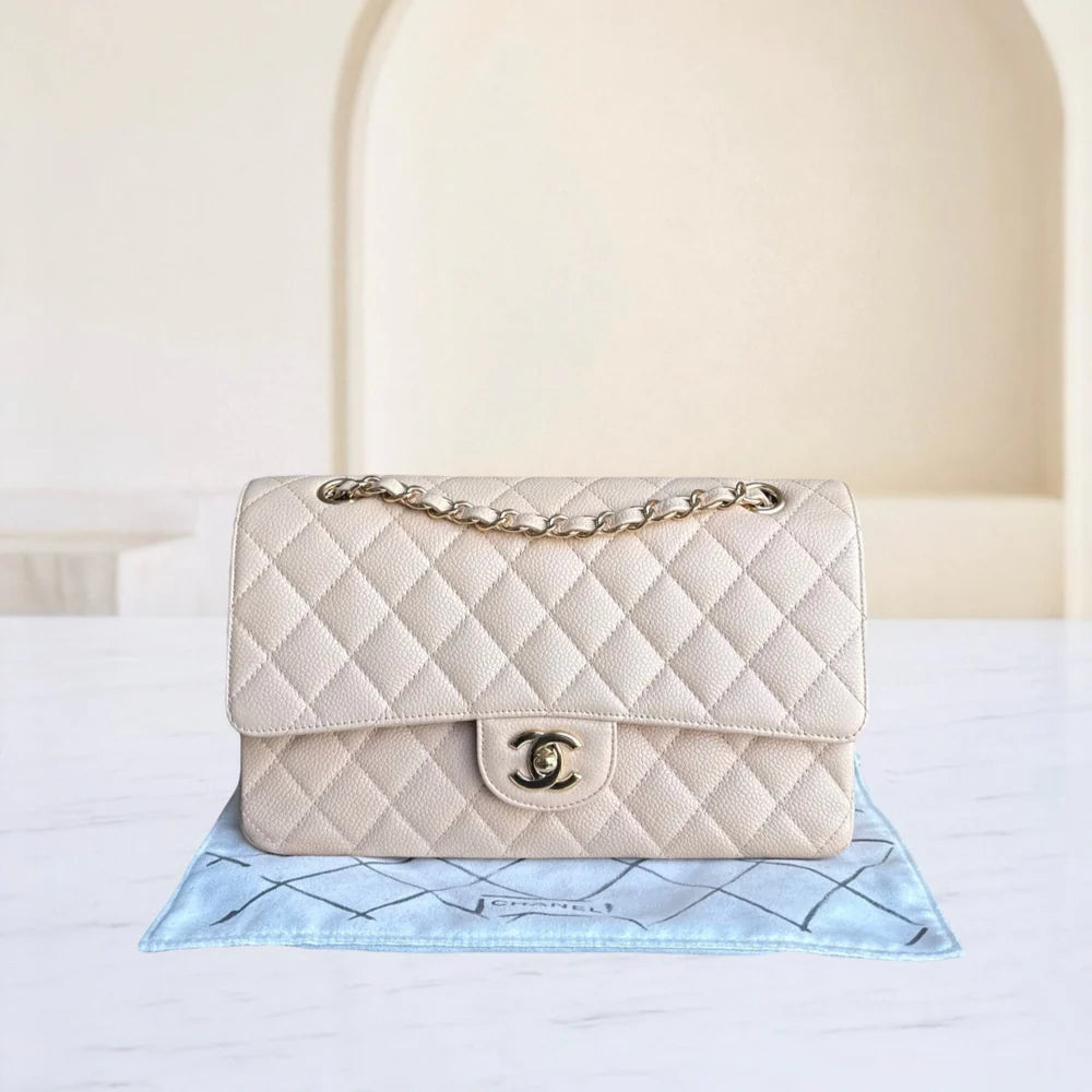 Chanel Classic Flap Medium - Caviar 25CM Quilted Grained Calfskin Beige Gold Hardware Series 14