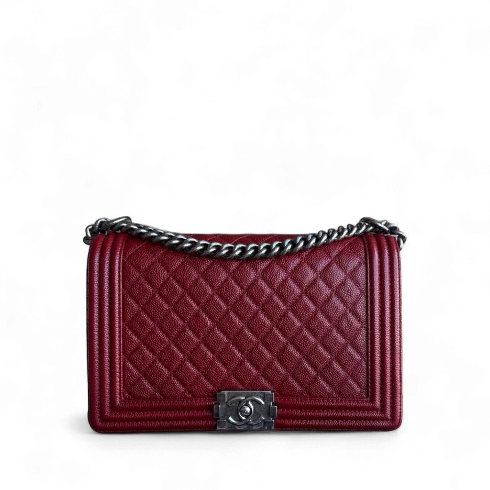 Chanel Boy Medium - 28CM Caviar Quilted Grained Calfskin Burgundy Dark Red Silver Hardware Series 19