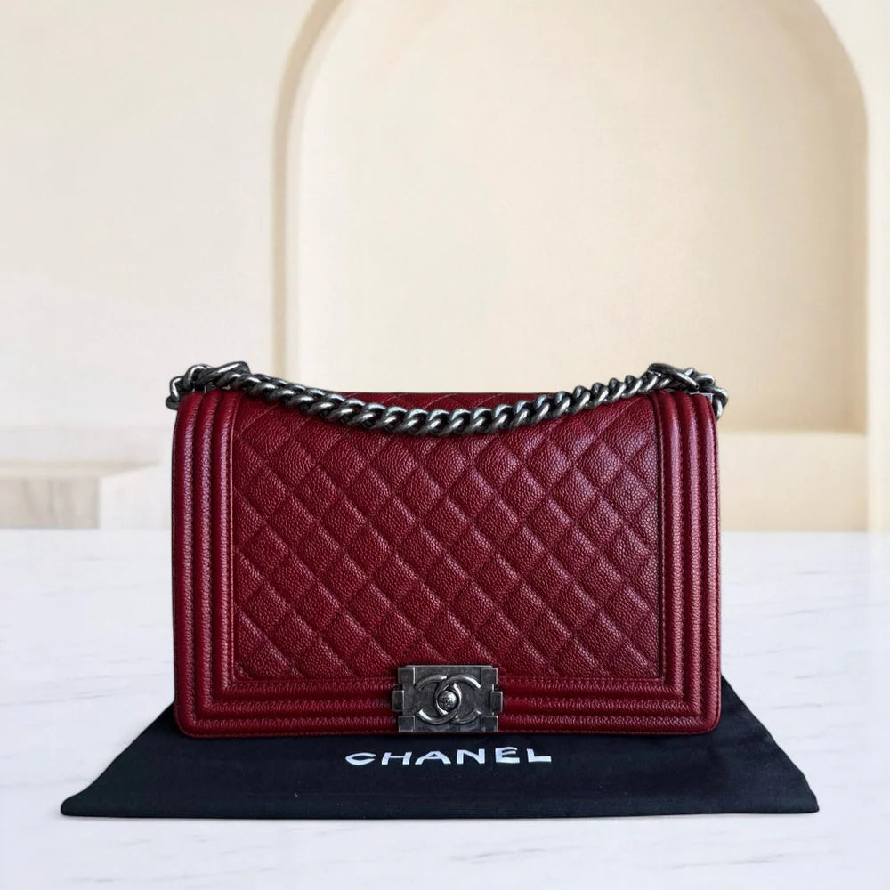 Chanel Boy Medium - 28CM Caviar Quilted Grained Calfskin Burgundy Dark Red Silver Hardware Series 19