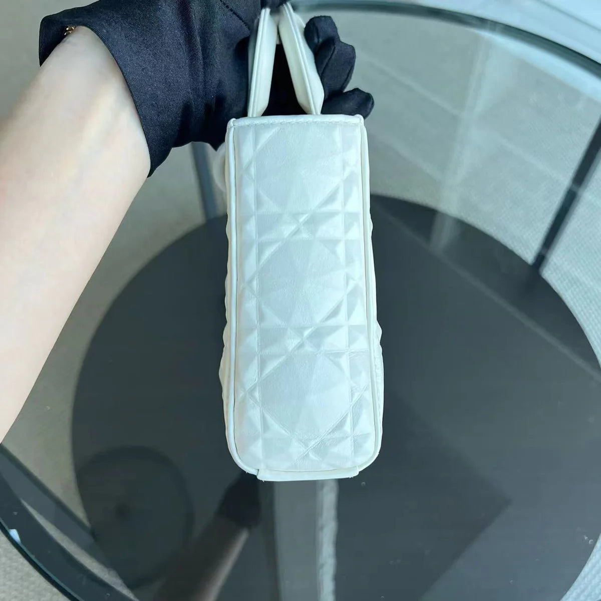 Dior D-Joy Medium Latte Cannage Calfskin Dimond Motif White