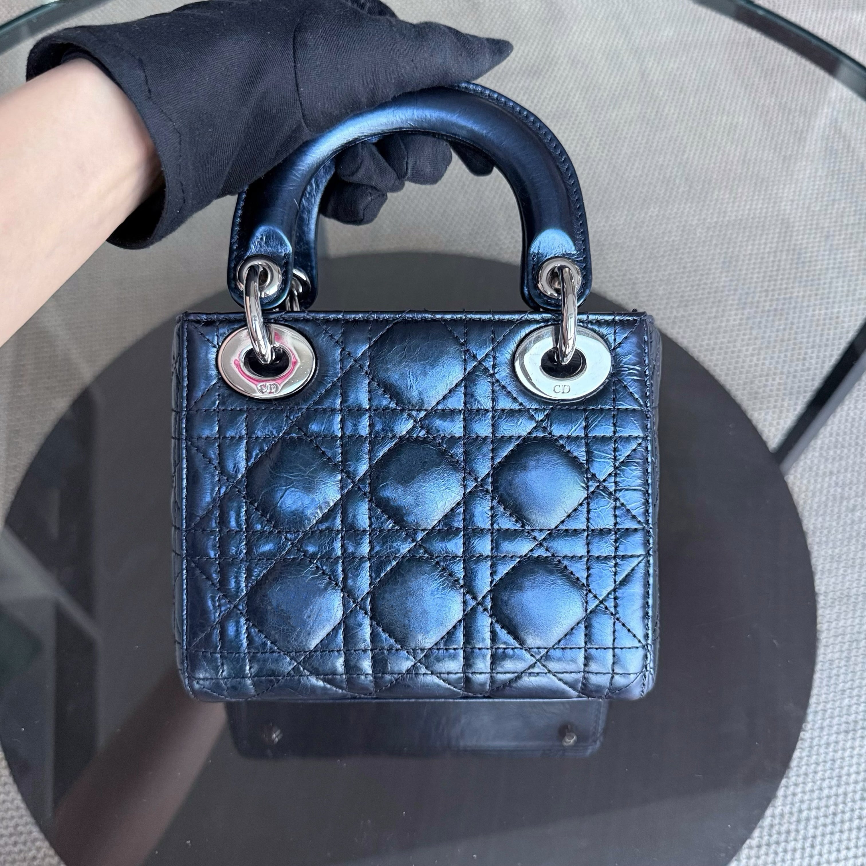 Dior Lady Mini - Cannage Glazed Calfskin Metallic Blue Silver Hardware