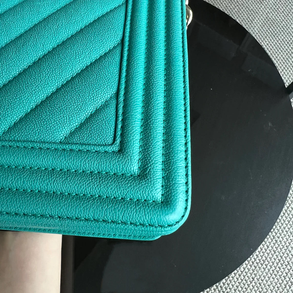 Caviar Boy Old Medium 25CM Chevron Grained Calfskin Cyan Green Blue Light Golden Hardware Series 27