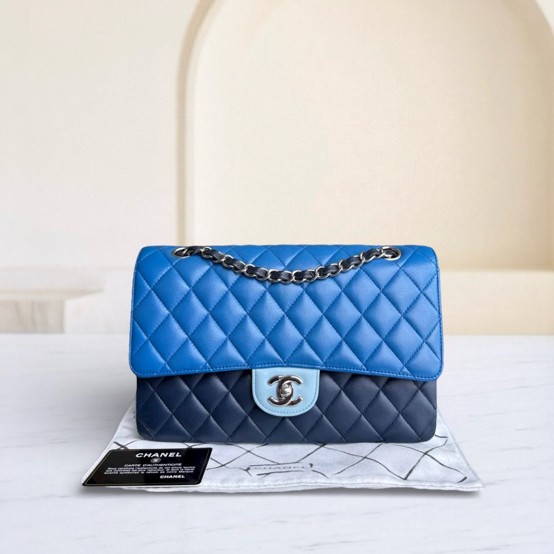 Chanel Classic Flap Medium - 25CM Quilted Lambskin Tri-Color Blue Silver Hardware Series 22