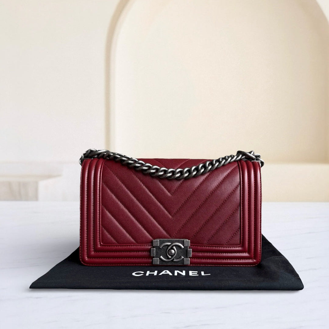 Chanel Boy Medium - Caviar 25CM Chevron Burgundy Dark Red Ruthenium Silver Hardware Series 24