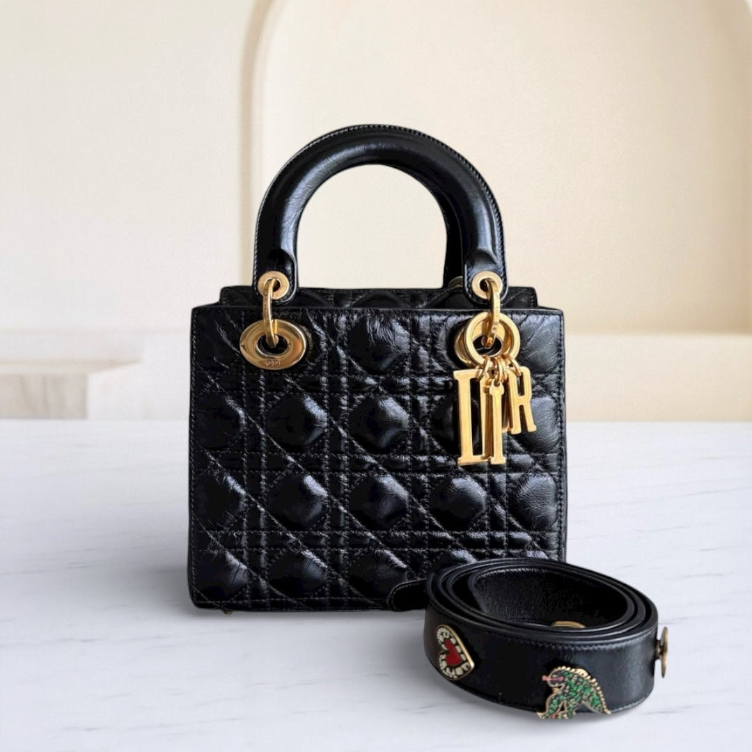 Dior Lady Small - Cannage Glazed Calfskin Black Gold Hardware