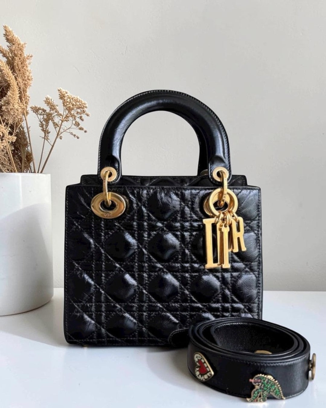 Dior Lady Small - Cannage Glazed Calfskin Black Gold Hardware