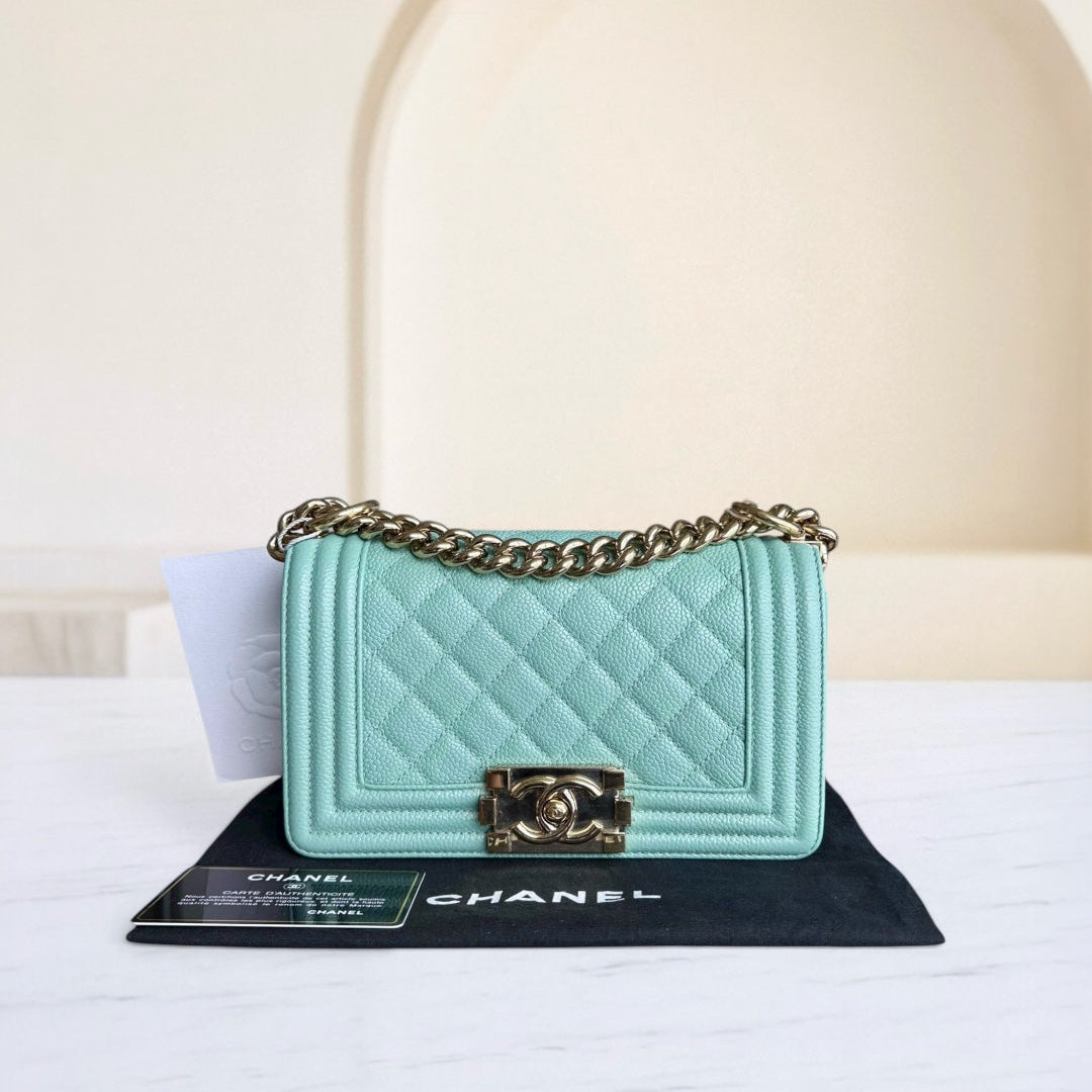 Chanel Boy Small - Caviar 20CM Quilted Tiffany Blue Gold Hardware Series 28