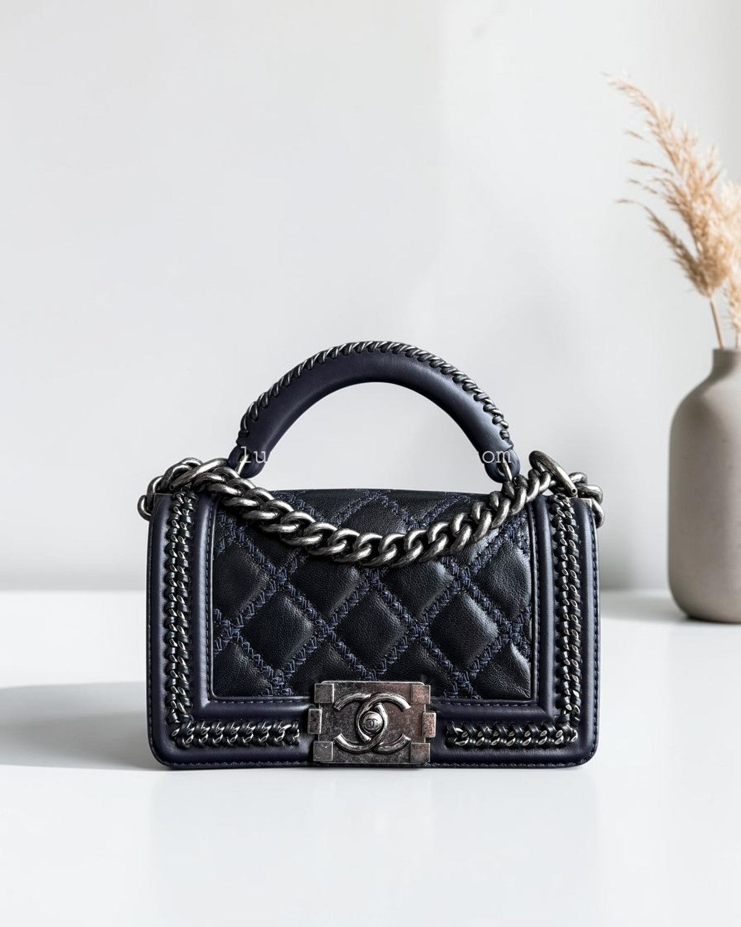 Chanel Boy Small Handle - 20CM Calfskin Chain Around Top Handle Limited Edition Dark Blue Ruthenium Silver Hardware Series 21