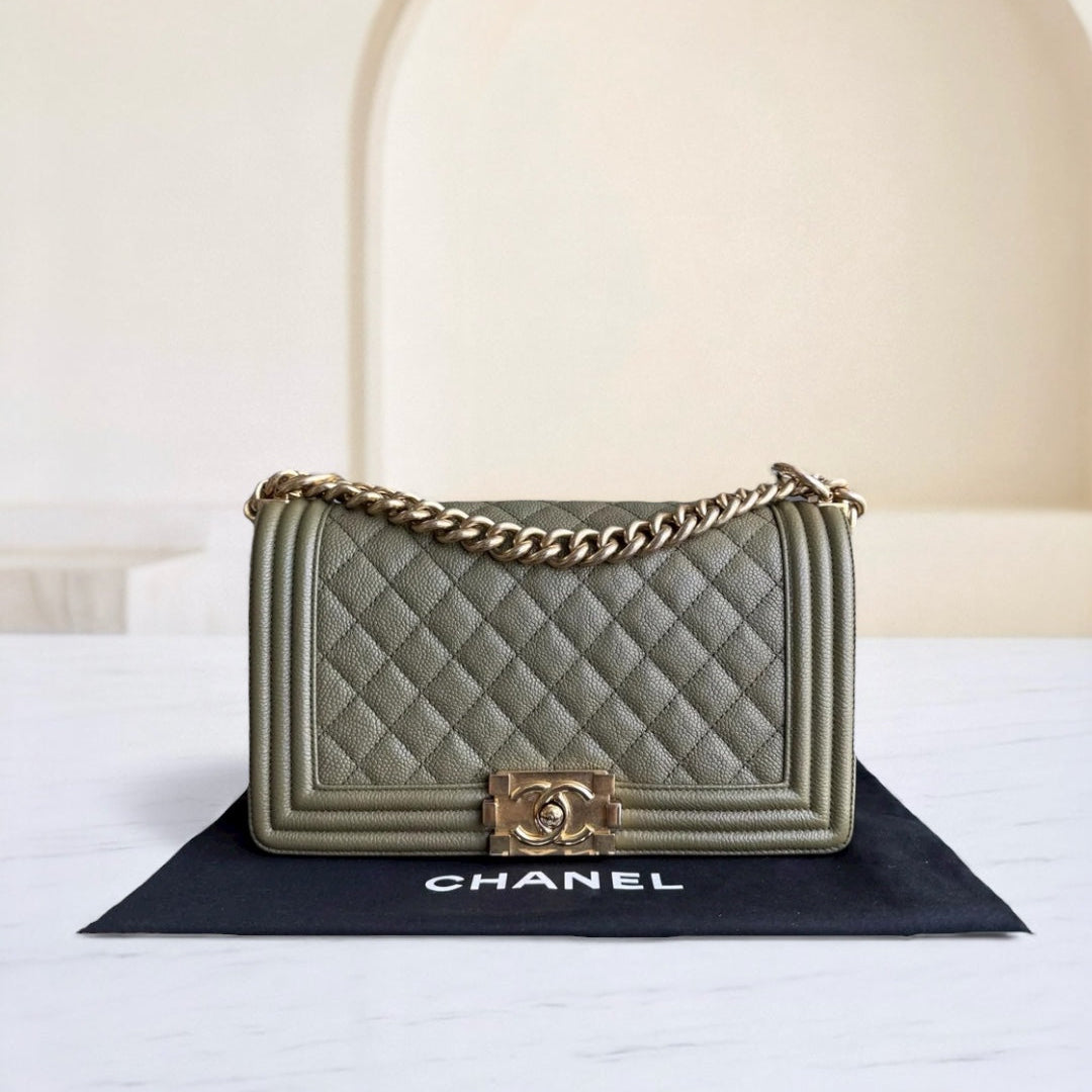 Chanel Boy Medium - Caviar 25CM Quilted Green Gold Hardware Series 23